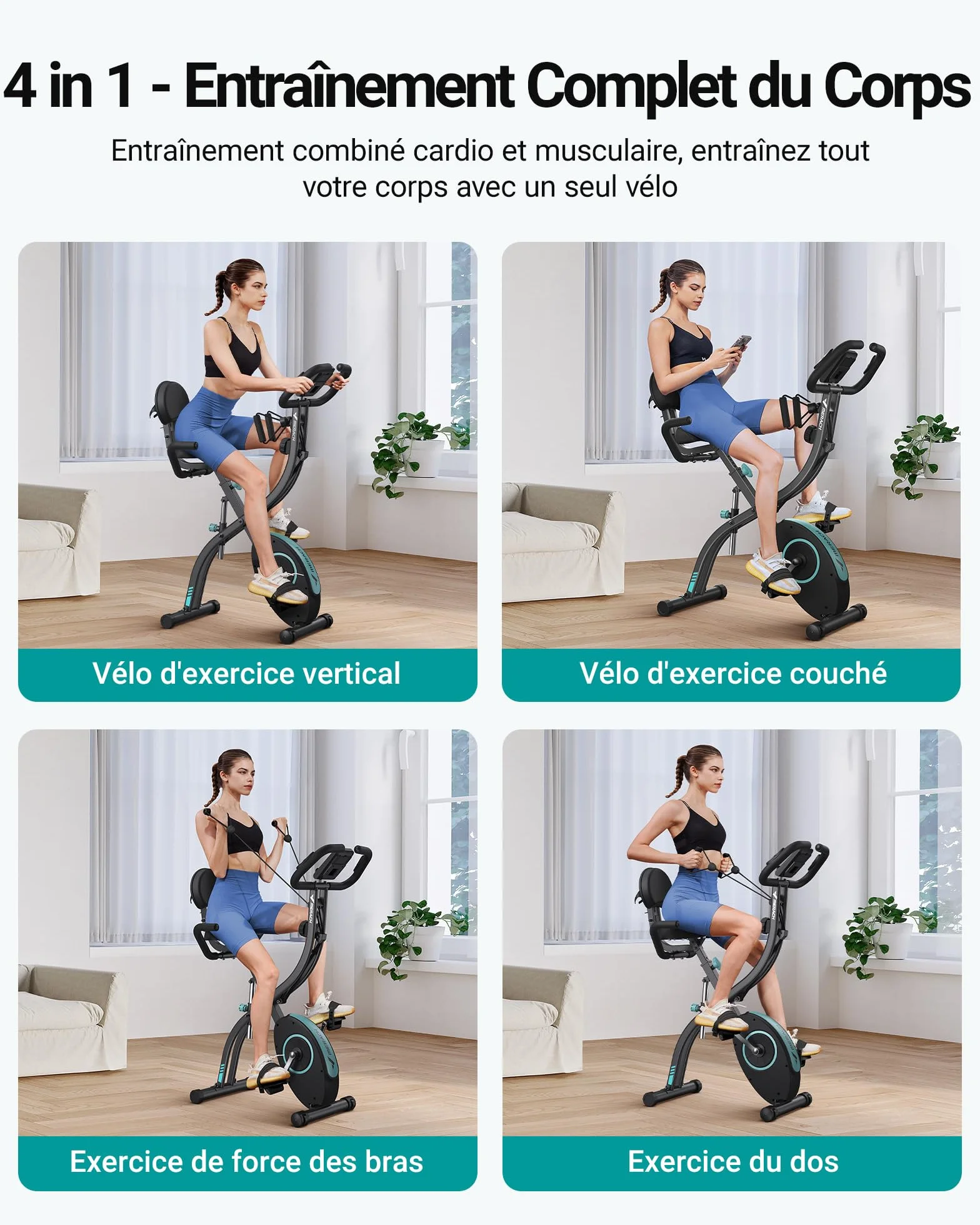MERACH Velo D Appartement Silencieux avec App Entraînement, 4 en 1 Vélo D’Appartement Pliable avec Résistance Magnétique 16 Niveaux, Écran LCD, Mesure du Pouls, Bande de Résistance, Selle Confortable