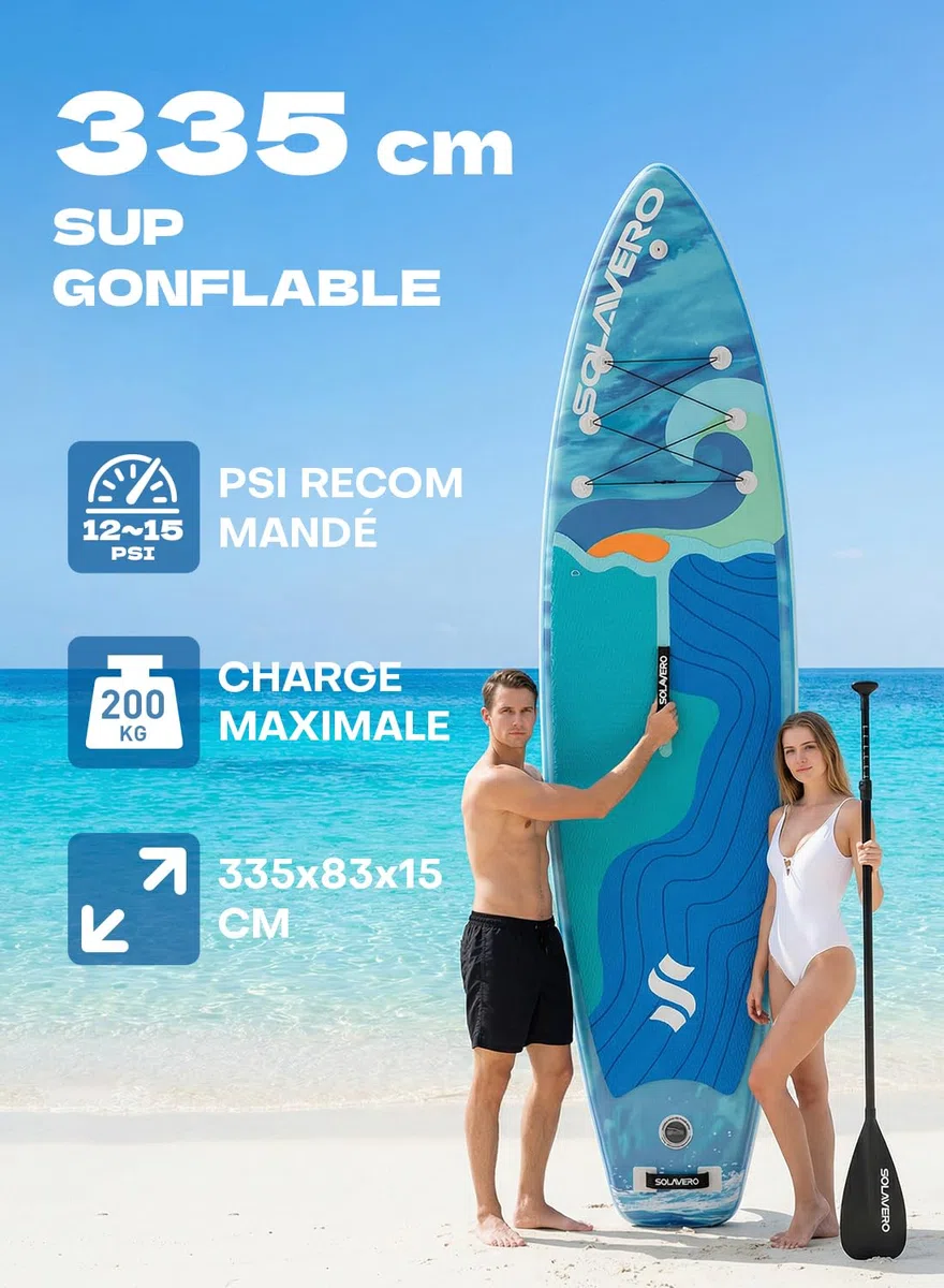 SOLAVERO Paddle Gonflable Adulte, 335 x 83 x 15 cm Stand Up Paddle avec Pont EVA Antidérapant, Pagaie Réglable, 3 Aileron, pour Tous Les Niveaux de Compétence, Jusqu'à 200 kg