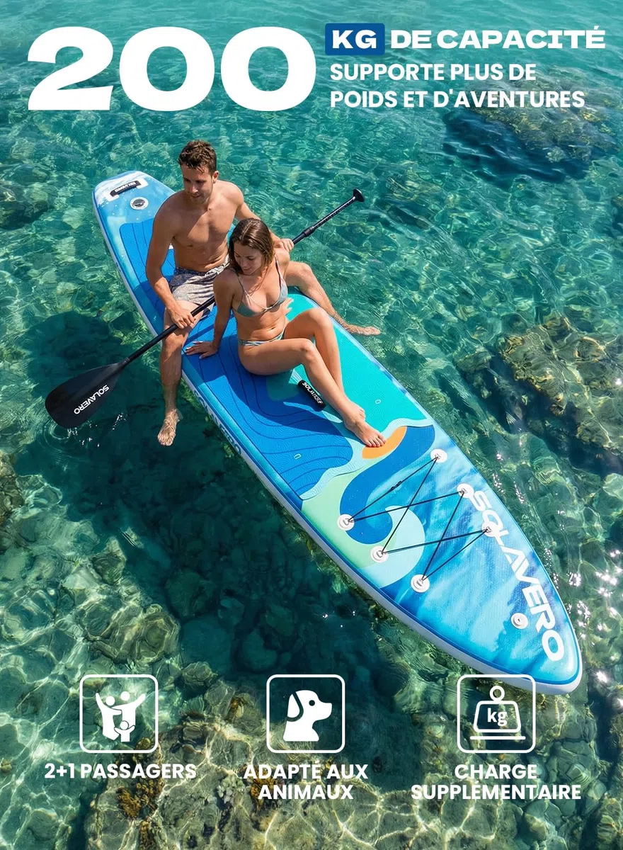 SOLAVERO Paddle Gonflable Adulte, 335 x 83 x 15 cm Stand Up Paddle avec Pont EVA Antidérapant, Pagaie Réglable, 3 Aileron, pour Tous Les Niveaux de Compétence, Jusqu'à 200 kg