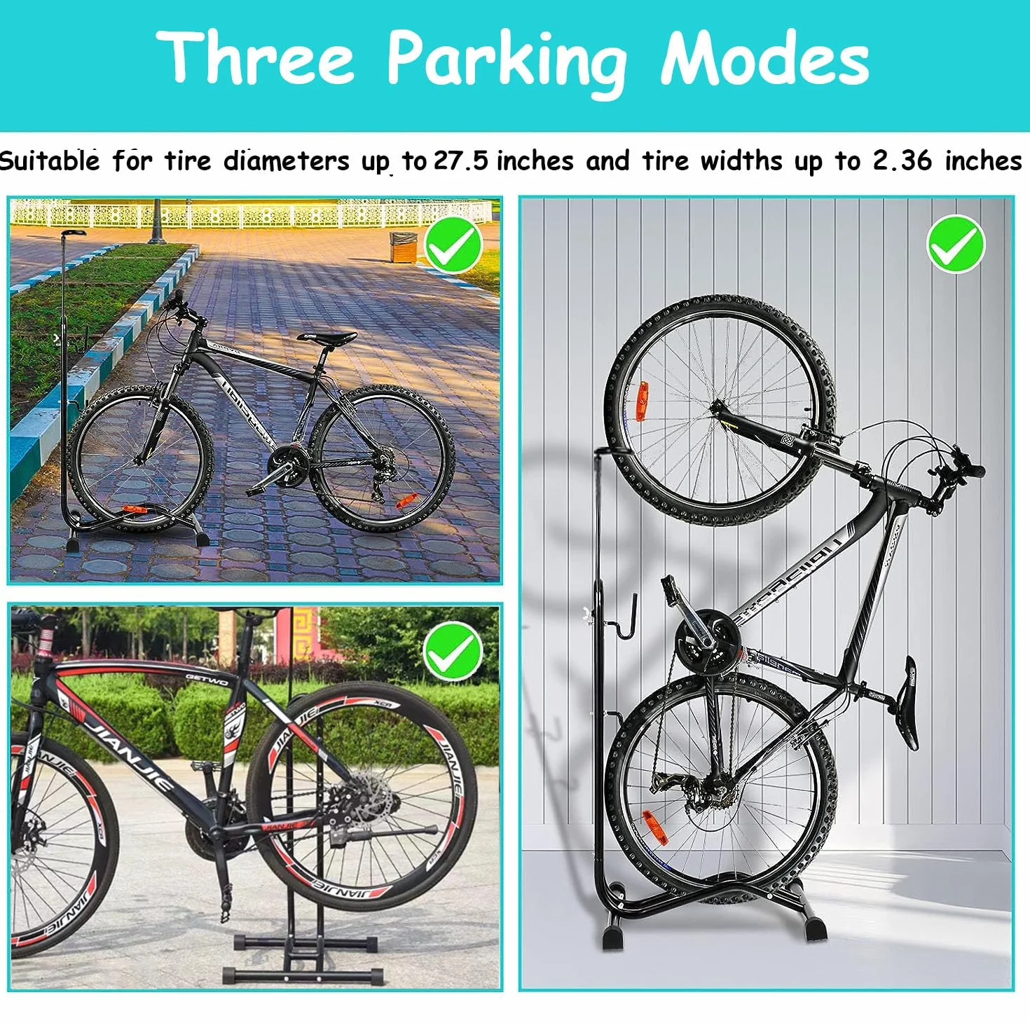 Support 3 en 1 pour vélo sur pied - Support de stationnement vertical pour vélo de montagne, vélo de route, vélo avec diamètre de roue max 73,6 cm…