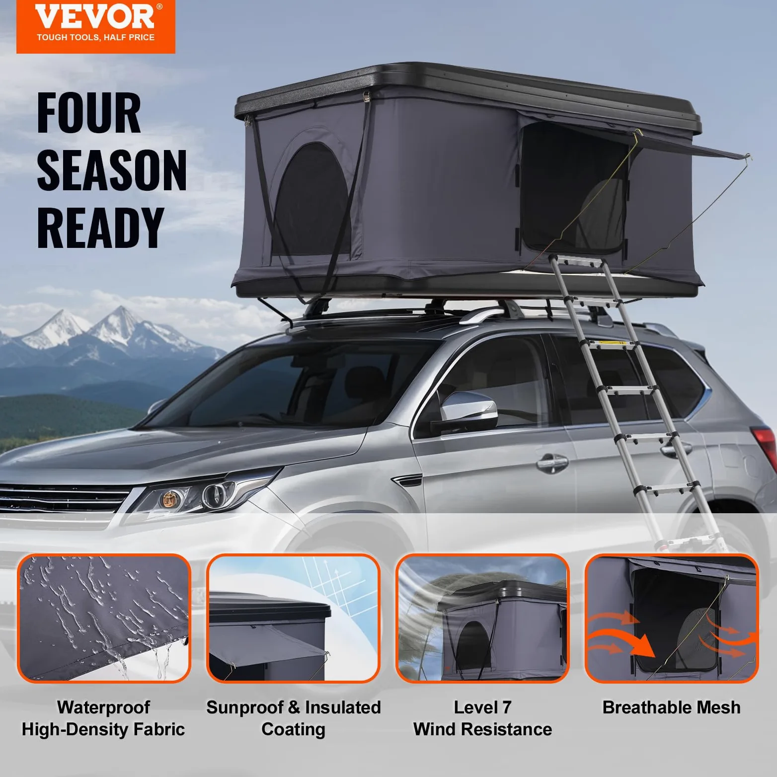 VEVOR Tente de Toit pour 2-3 Personnes, Tente de Camping pour Véhicules Pliable et Imperméable, avec Échelle Télescopique, Matelas et Housse, pour Jeep SUV Pick-up Camion Voitures, Voyage