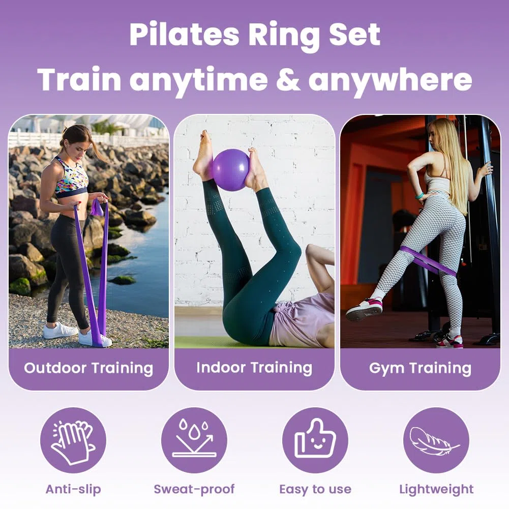 Kit de Pilates, Pilates Accessoires, Anneau de Pilate, Bande de Résistance en Latex, Ballon Yoga, Cercle de Résistance Élastique, Extracteur de Pédale et Extracteur en Forme de 8