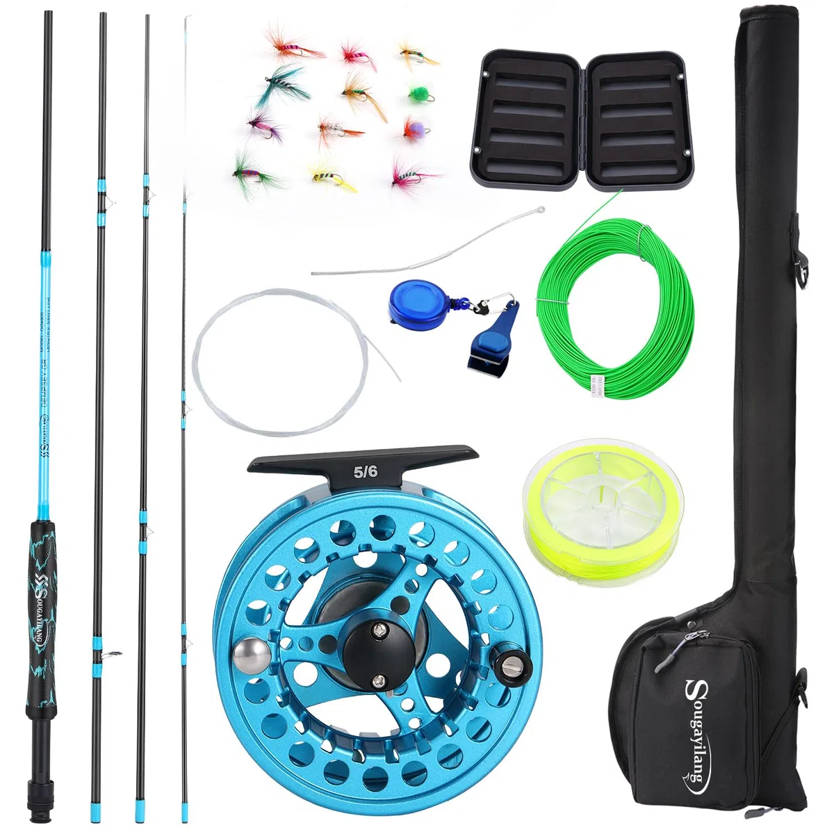 Sougayilang Kit de démarrage standard pour pêche à la mouche - 5/6" - Poids : 22,9 cm - Avec poignée Superpolymère - Accessoires - Moulinet CNC - Sac de transport