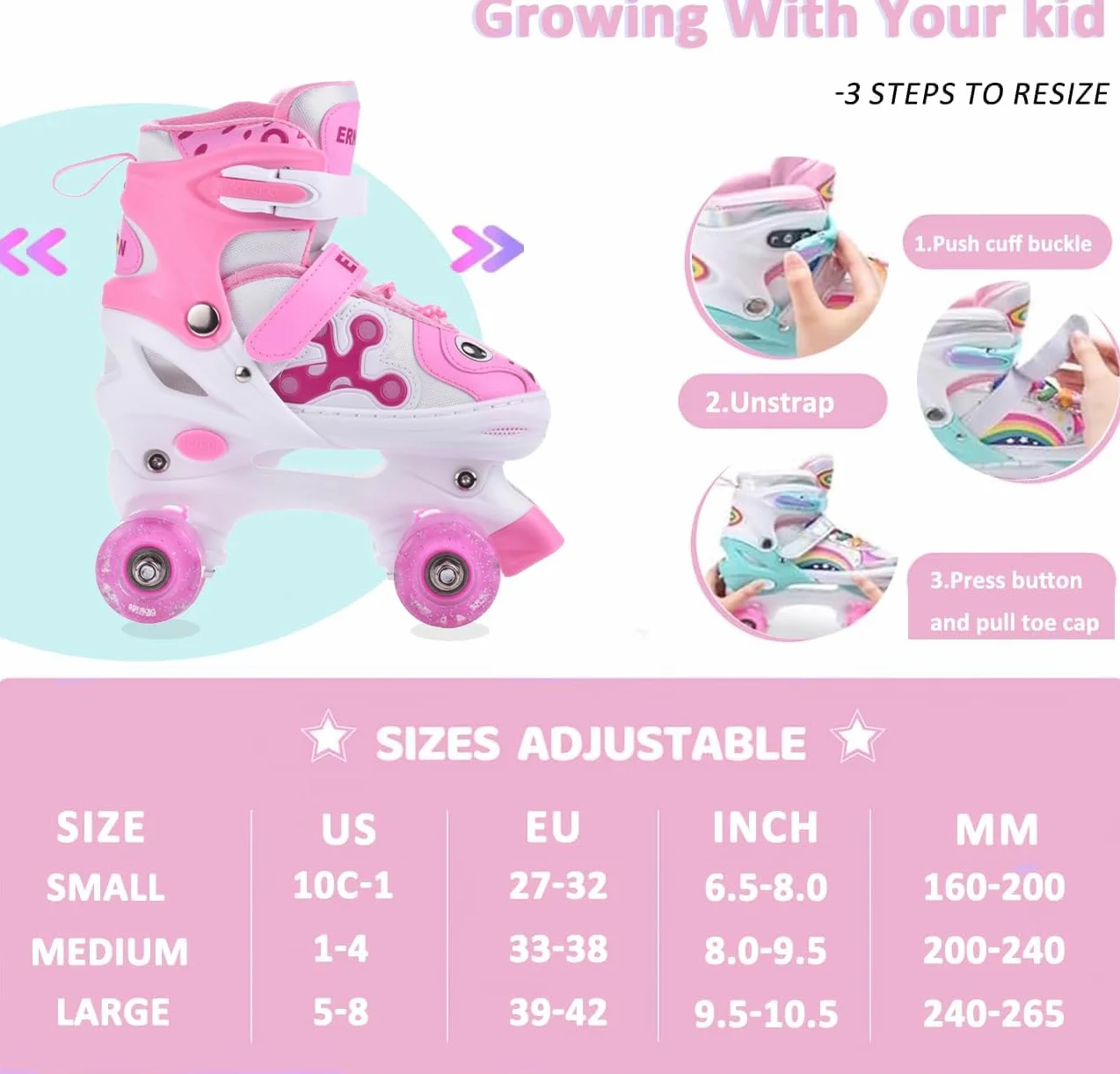 ERNAN Roller Enfant 4 Taille Réglable 8 Roues Lumineuses Patins à Roulettes Débutants