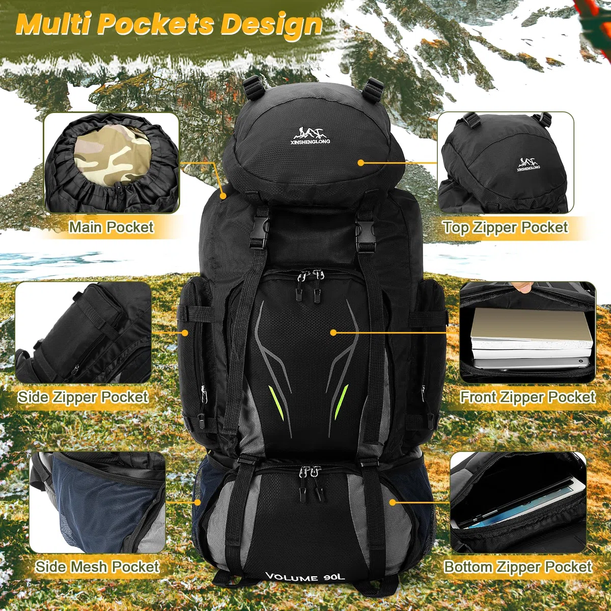 90L Sac à Dos de Randonnée, Sac à Dos Trekking pour Homme et Femme Camping Sac à Dos Léger et Imperméable Sac à Dos Grande Capacité Multifonction pour Escalade Trekking Camping (Noir)