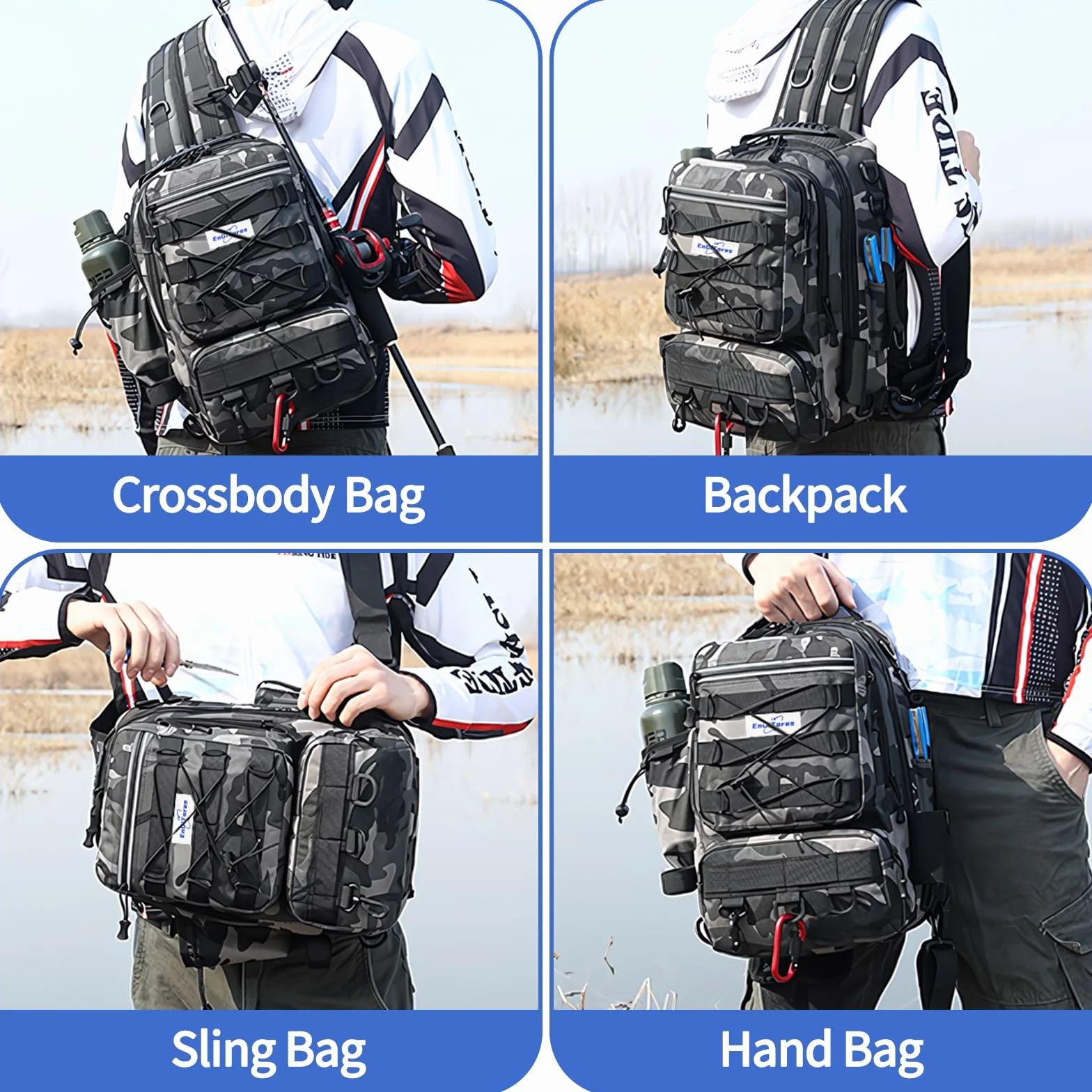 Sac à dos pêche EnGiTores fishing tackle bag pour matériel de pêche, canne étanche, camping, randonnée et voyages (45×30×25cm)