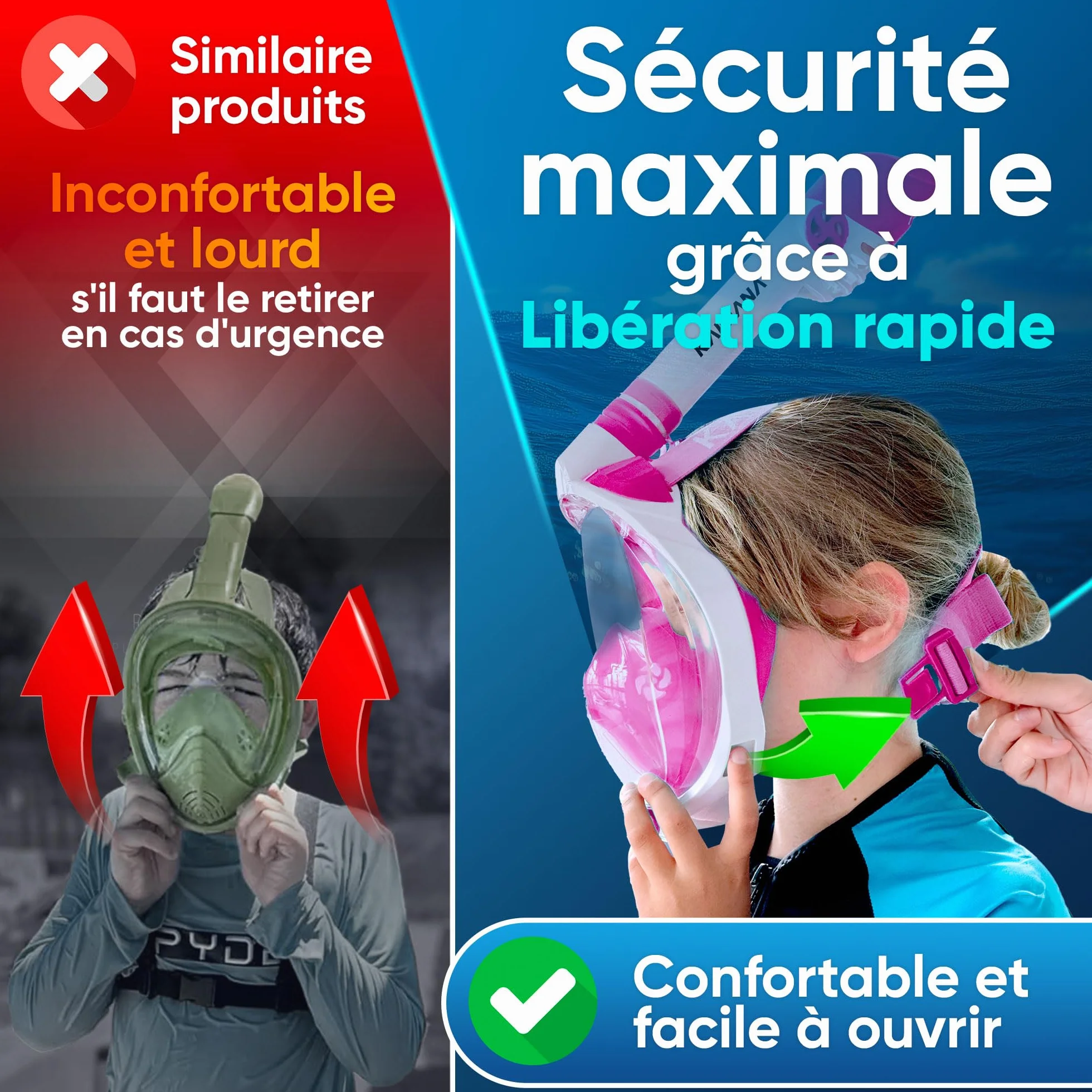 KAIMANA® Masque Plongée Adultes et Enfantes | Snorkeling Intégral Anti-Buée CO2 Safe | Tuba Adulte | Sac de Transport Inclus