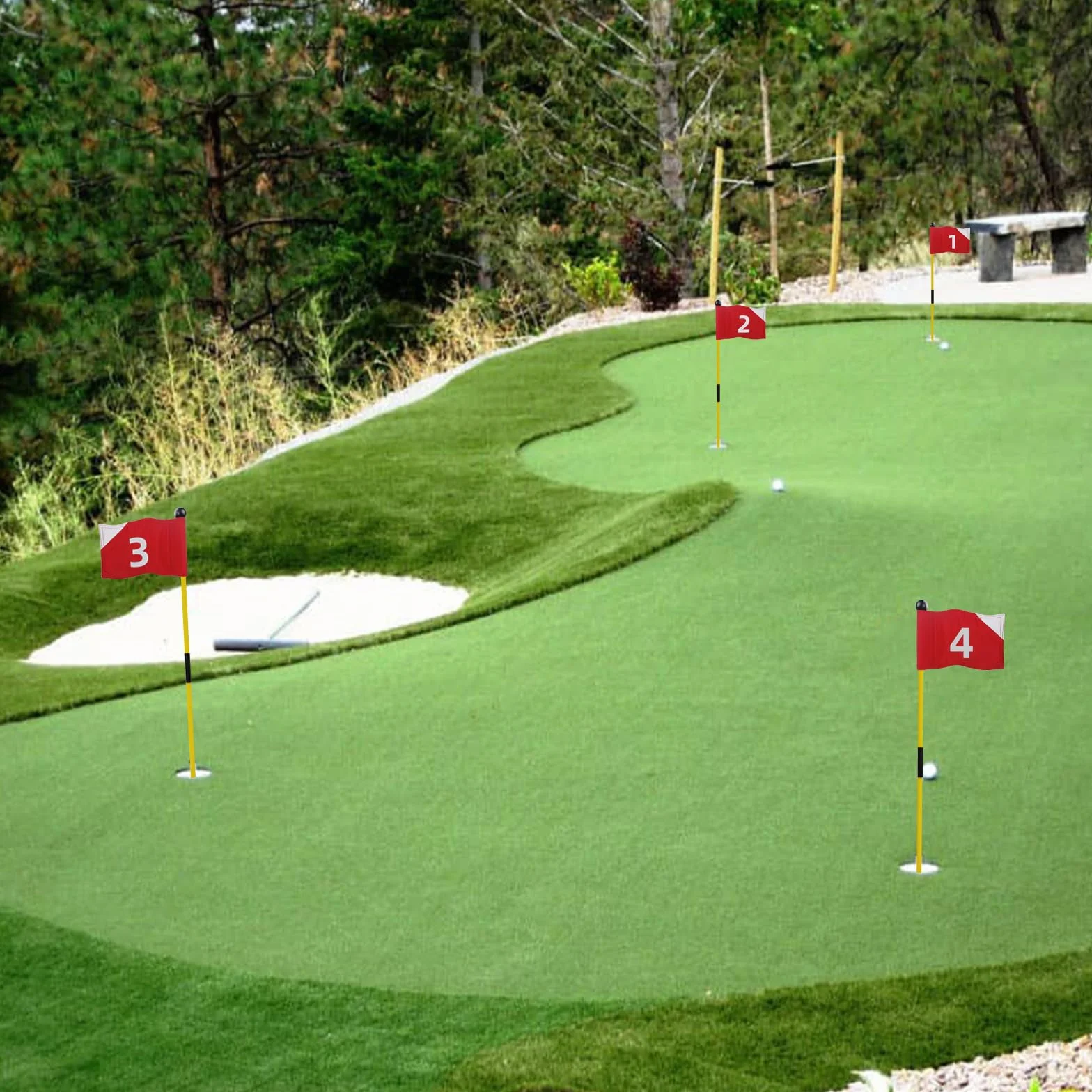 KOFULL Lot de 4 drapeaux de golf avec drapeaux rouges numérotés de 1 à 4, bâton en fibre de verre, ensemble de tasses pour entraînement portable, avec trous verts