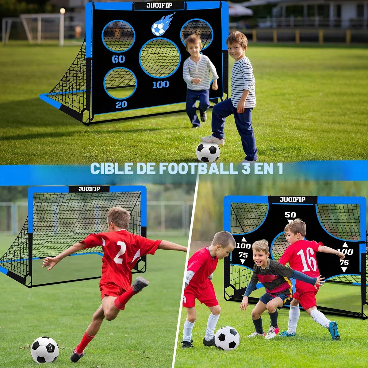 NZQXJXZ But de Football 3-en-1 pour Enfants, Filet de Football 150 x 120 cm, poteaux de But pour Jardin avec 2 Tissus interchangeables et Un Ballon, Sac de Transport, Montage Facile et Pliable adapté