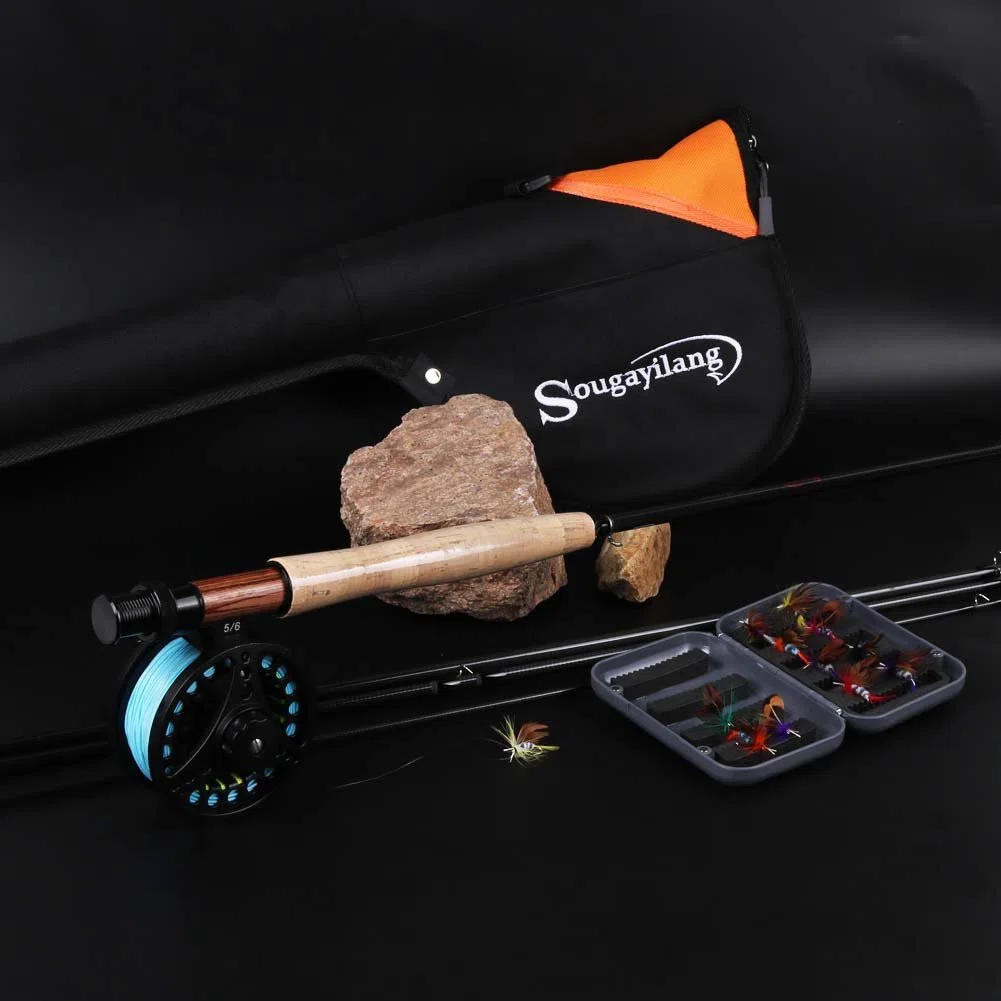 Sougayilang Eau de mer d'eau douce Pêche à la mouche Canne à pêche avec Reel Combo Kit, Black Kits with Bag