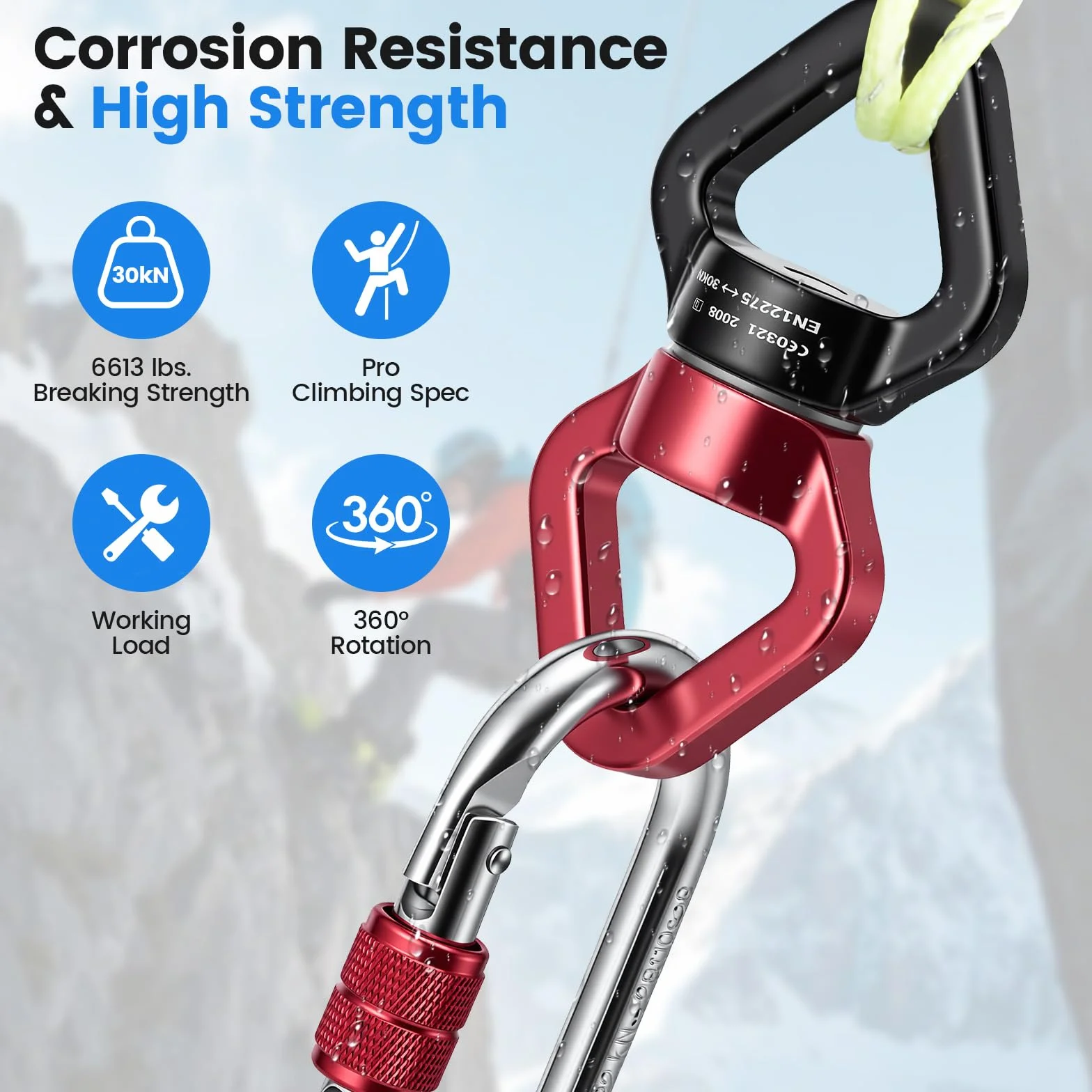 Rotule Pivotante 360° Kit Complet, 30kN Rotule + 50kN Anneau 8 Cornes + 2x25kN Mousquetons, Articulation Pivotante Roulement à Billes pour Soie Aérienne Yoga Escalade Balançoire Hamac, Noir Rouge