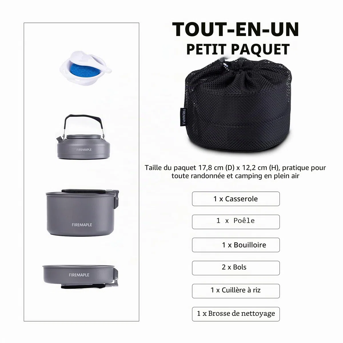 Fire-Maple Kit de Casserole Camping, Cookware Kit Batterie de Cuisine Ustensiles Bouilloire, Bols en Éponge pour Randonnée en Plein Air, Randonnée en Camping