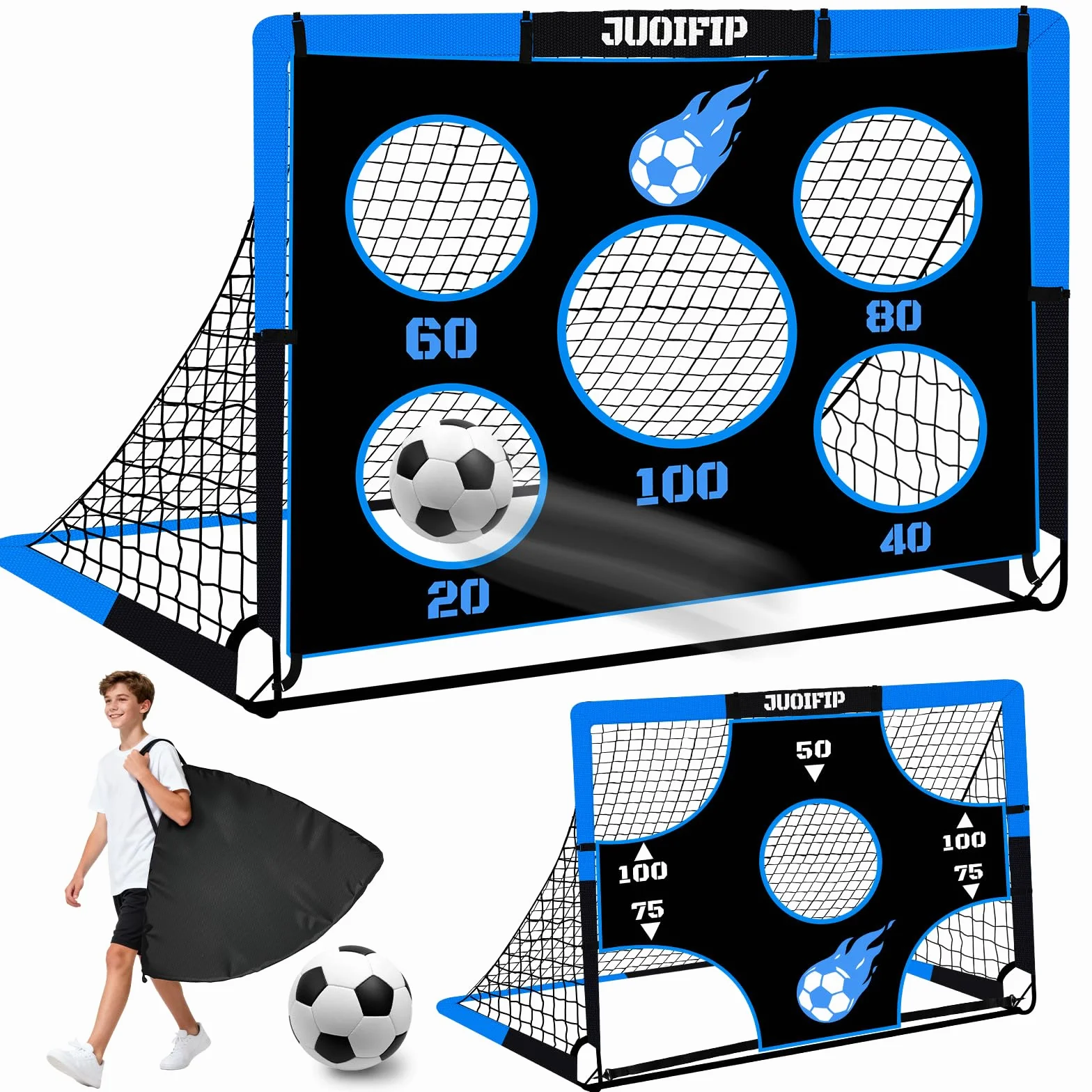 NZQXJXZ But de Football 3-en-1 pour Enfants, Filet de Football 150 x 120 cm, poteaux de But pour Jardin avec 2 Tissus interchangeables et Un Ballon, Sac de Transport, Montage Facile et Pliable adapté