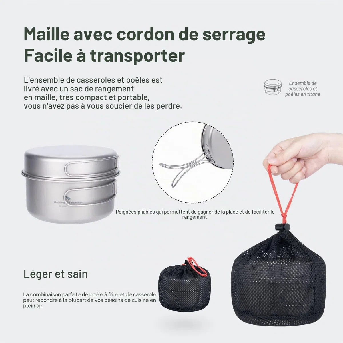 iBasingo Ensemble de Poêles en Titane Kit de Cuisine de Camping Ustensiles de Cuisine de Randonnée de Voyage Ensemble D'assiettes pour Bols de 1000ml et 500ml pour 1 Homme Ti2042C