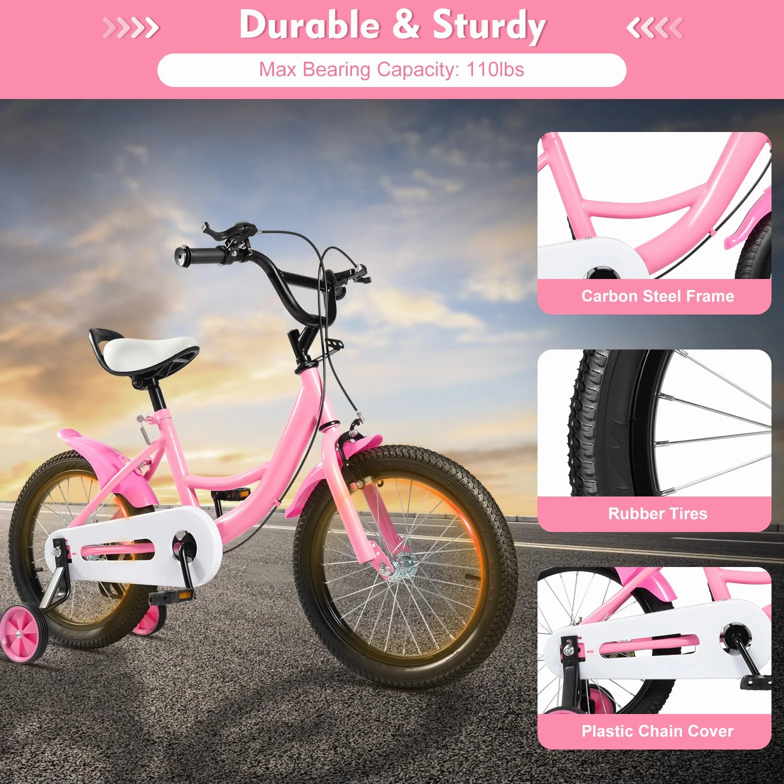 Vélo pour enfant 16 pouces roues stabilisatrices freins doubles - Vélo léger fille garçon - Rose