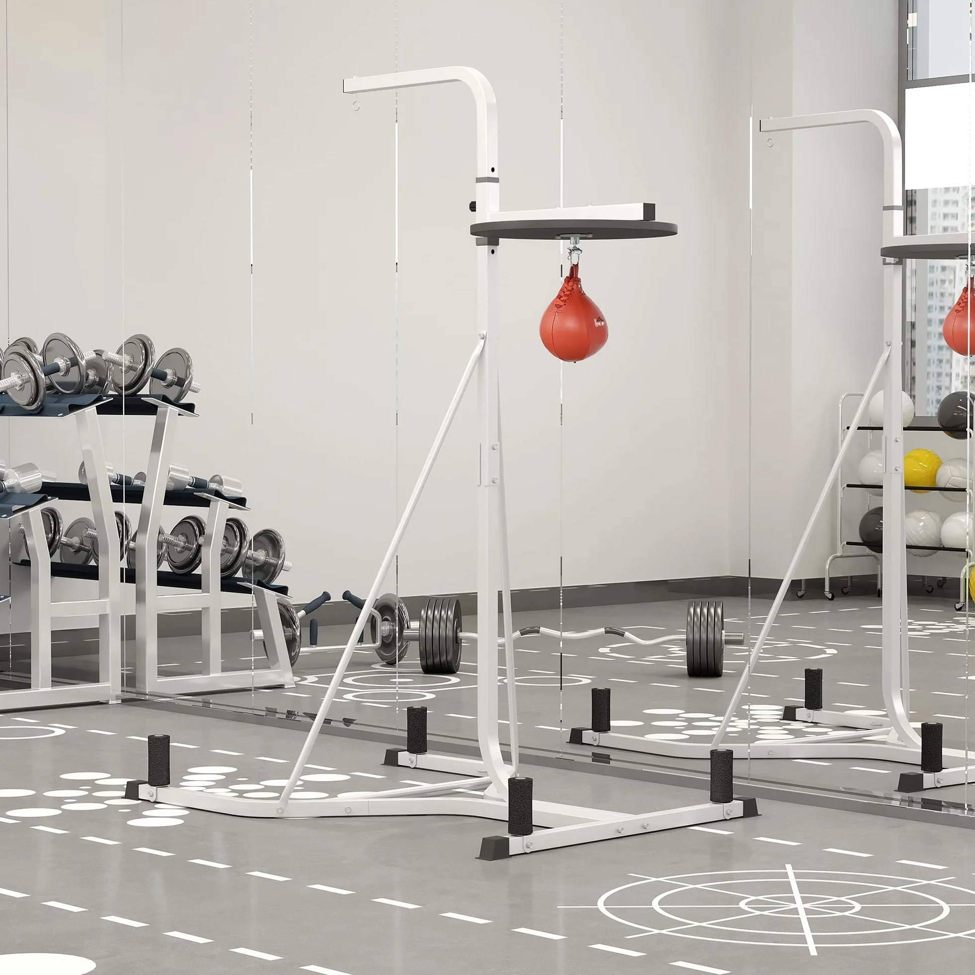 HOMCOM Support pour Sac de Frappe sur Pieds autoportant 2 en 1 avec Poire de Vitesse Hauteur de Plaque Ronde réglable, équipement d'entraînement en Acier Robuste pour Maison Blanc