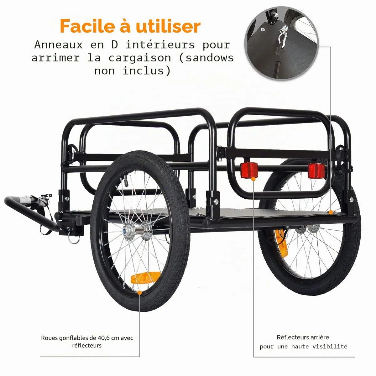 Tiggo Remorque de velo pliable - Surface de charge : 67 x 46 x 25 cm - env. 70 l / 2 boites a boissons, poids de charge : 40 kg