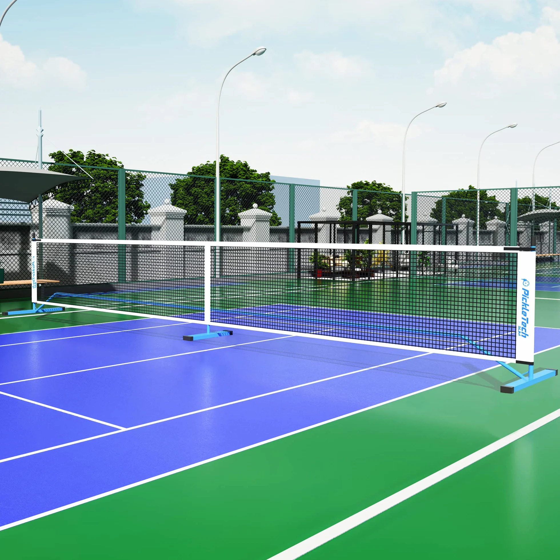 PICKLETECH - Filet de Pickleball Portable Slim 4.0-6,7 m - Spécial Tournois - Filet Résistant + Sac de Transport - Matériel de Pickleball Professionnel - Equipement de Terrain