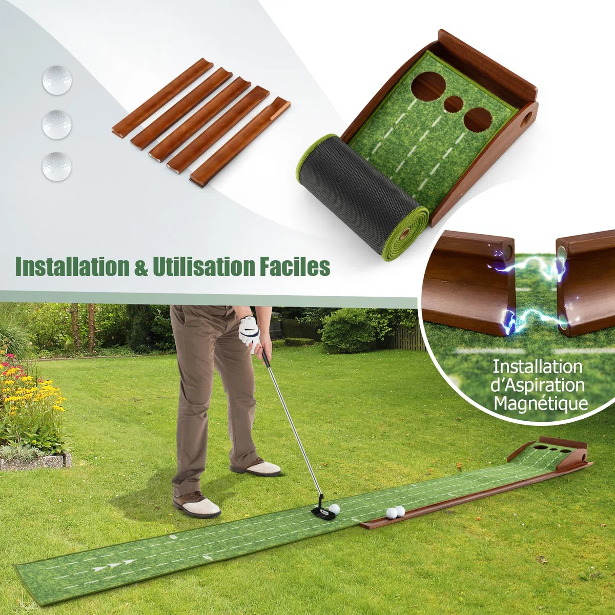 GOPLUS Tapis de Putting de Golf 1/2/3 Trous, Tapis d'Entraînement au Putting avec Retour Automatique de Balle, Guides d'Alignement, 3 Balles de Golf, pour Maison/Bureau