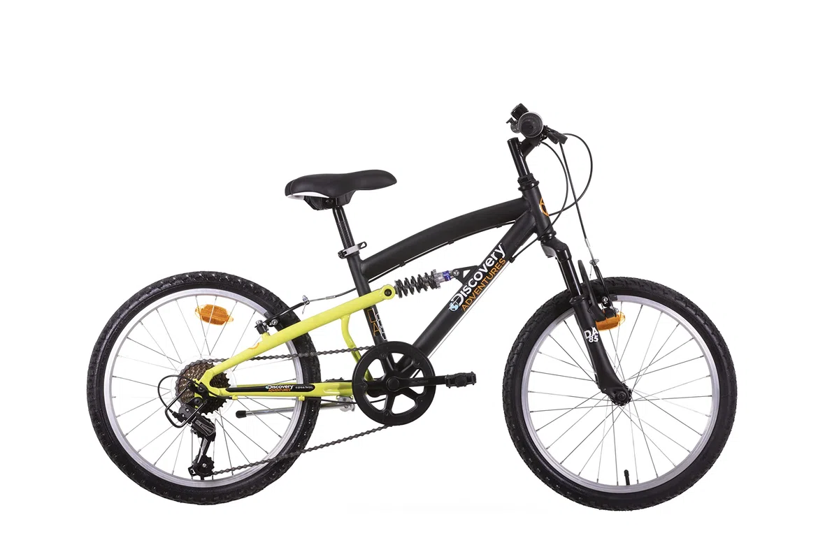 Discovery Vélo VTT 20'' Tout Suspendu Adventures -6 Vitesses-dérailleur Shimano TY21-Freins V-Brake-Jantes en Aluminium Y20 Mixte, Black/Yellow