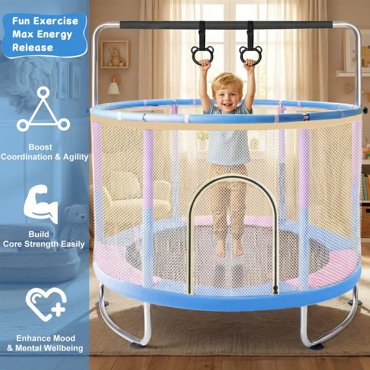Trampoline de 1,5 m pour Enfants de 3 à 14 Ans - avec Balançoire, Barre de Gymnastique & Panier de Basket - Adaptée Intérieur et Extérieur.