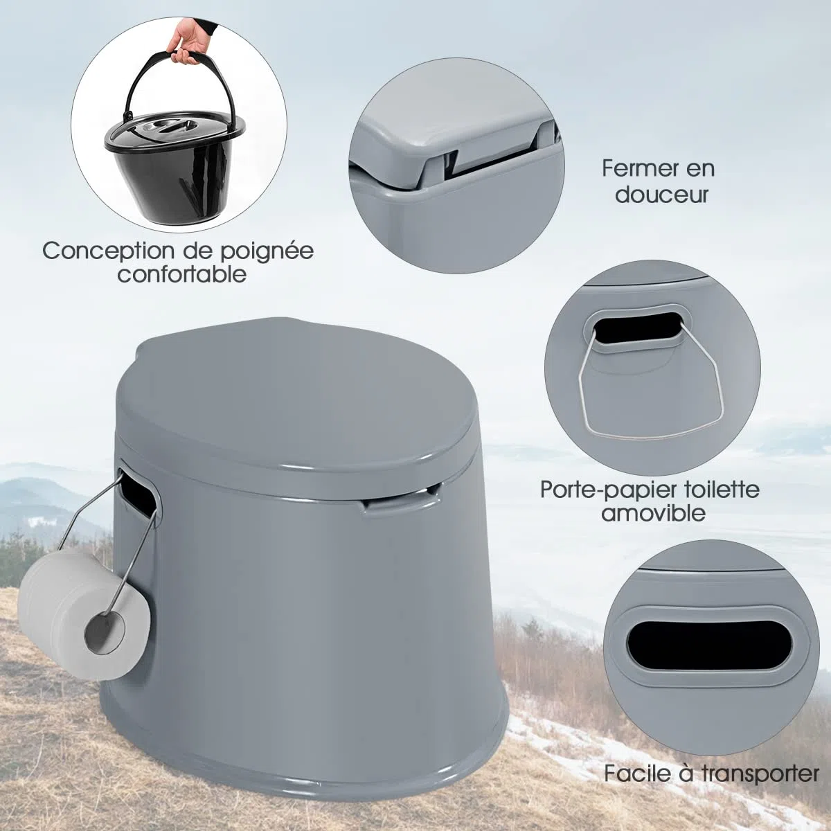 COSTWAY Toilette Sèche Portable Extérieure 5L avec Seau Intérieur et Porte-Papier Amovible pour Camping, Randonnée, Charge Max 200 kg