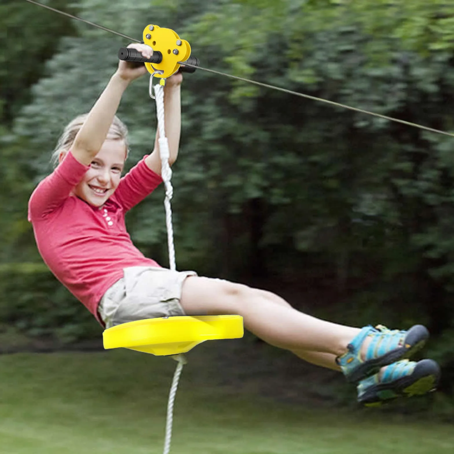 Tyrolienne Zipline 24 m pour enfants et adultes, résistant jusqu'à 110 kg, câble de sécurité et frein à ressort