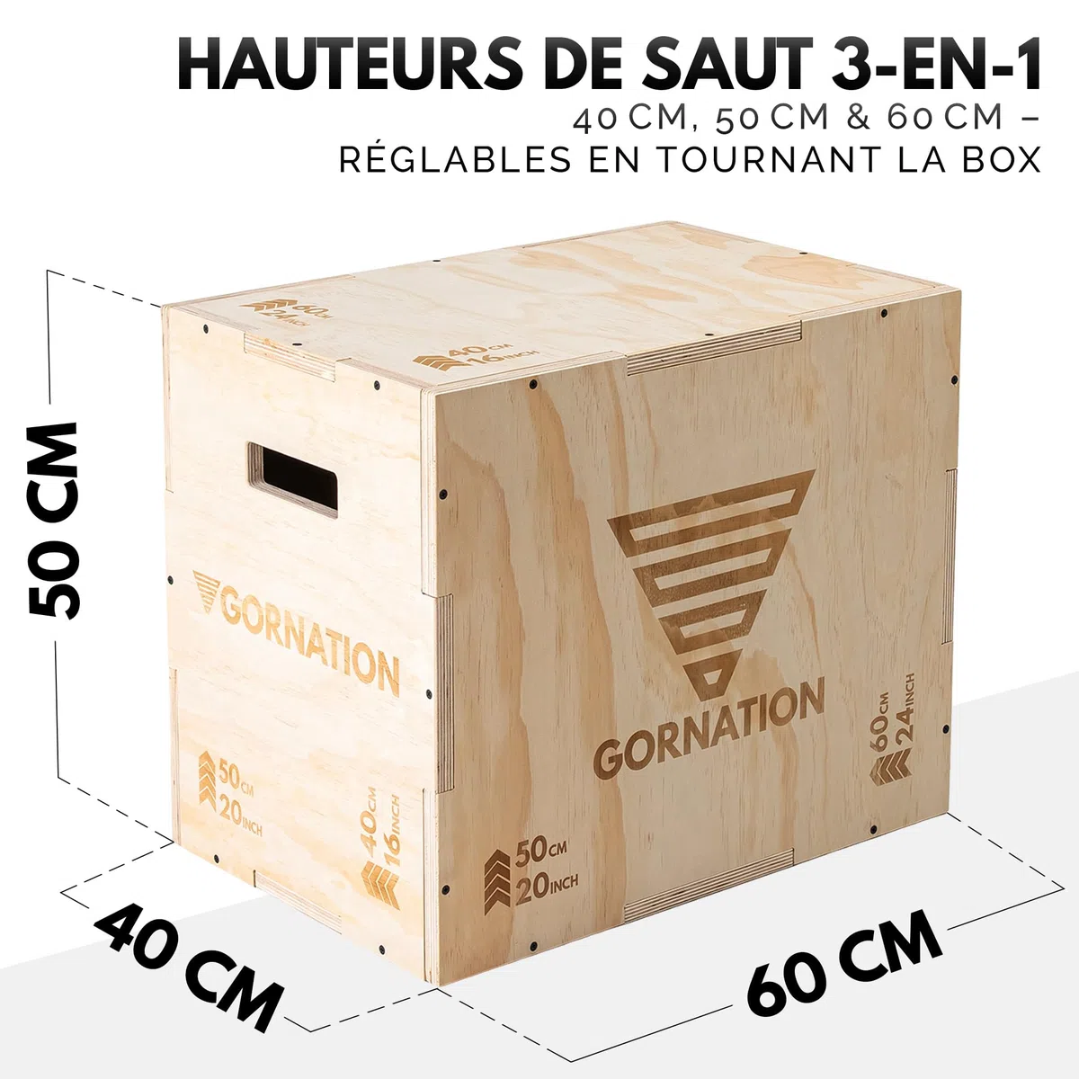 GORNATION Boxe Plyométrique en Bois 3-en-1 – Boîte de Saut Jump Box pour Crossfit, Calisthenics & Home Gym, Plateforme d’Entraînement Fonctionnel à Domicile ou Extérieur