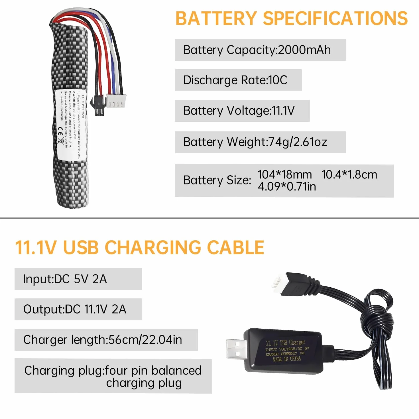2PCS 3S 11.1V 2000mAh Batterie Connecteur SM-2P avec 2PCS Ligne de Chargement USB pour Gel Airsoft Balle à Eau Gel Airsoft Balle Onde de Choc