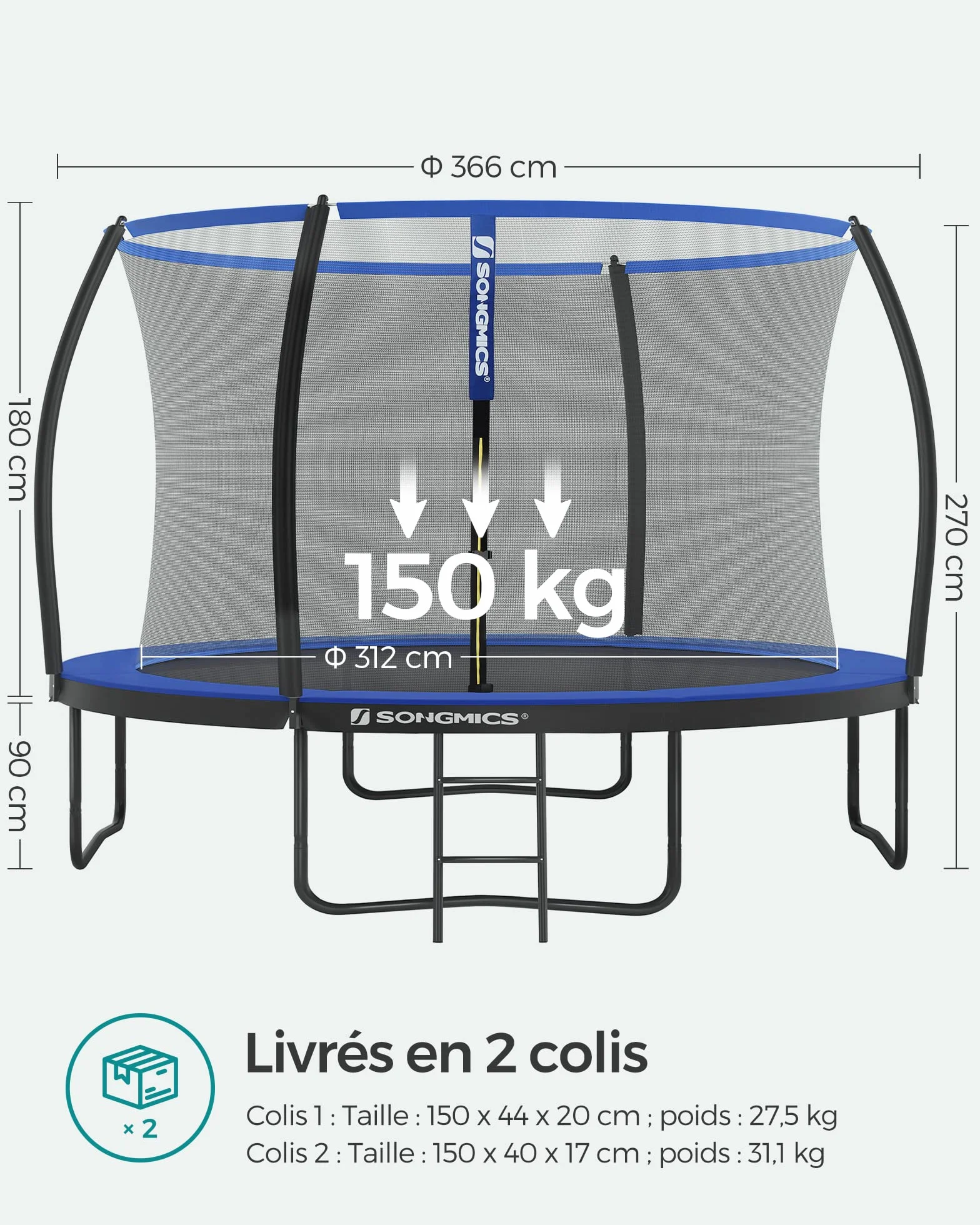 SONGMICS Trampoline Extérieur Enfant Diamètre 244/305/366/427 cm, Filet de Protection, Poteau Incurvé de 180 cm de Haut, Coussins de Sécurité, Échelle, Cadre en Acier