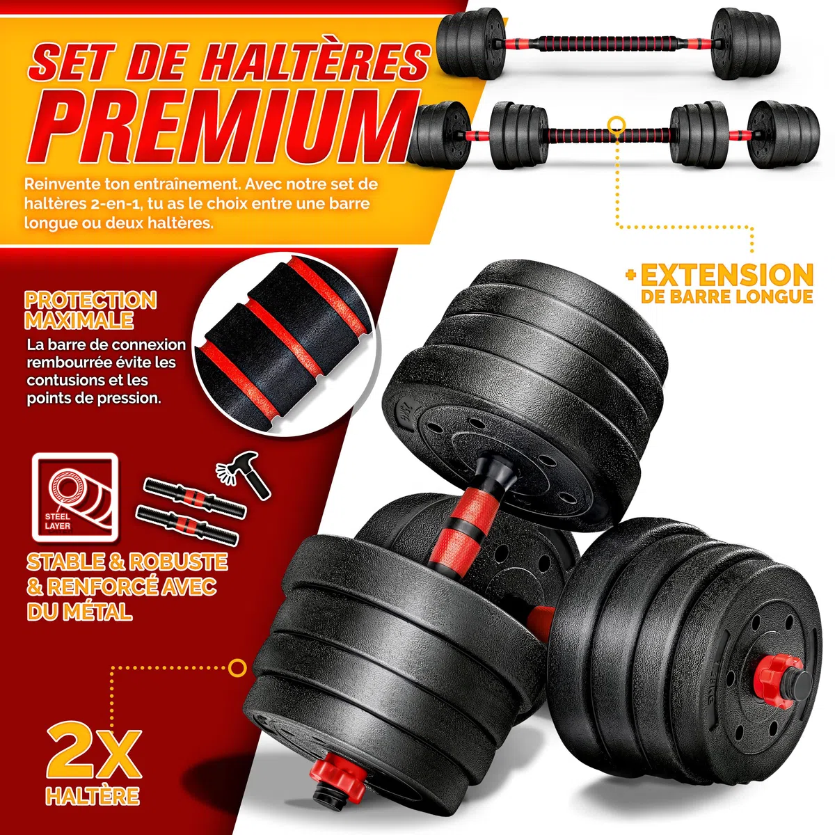 RE:SPORT Ensemble d’haltères 2 en 1 15-40 kg, réglables, haltères courts et longs, fermeture en étoile et tube de raccordement