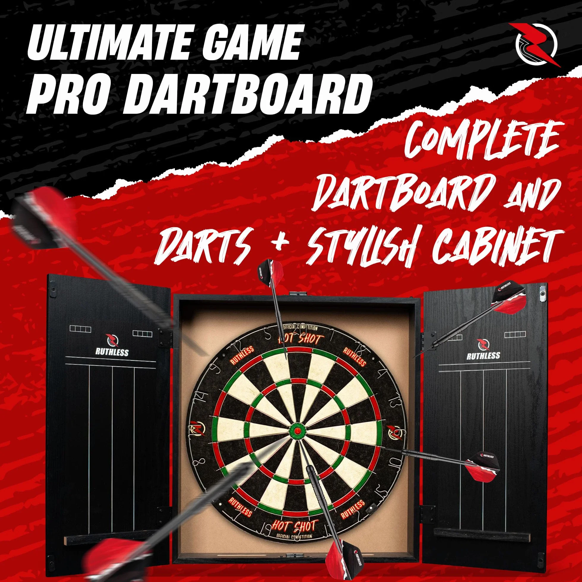 Ruthless Home Darts Centre | Cible de fléchettes avec armoire, cible de fléchettes et 2 jeux de fléchettes