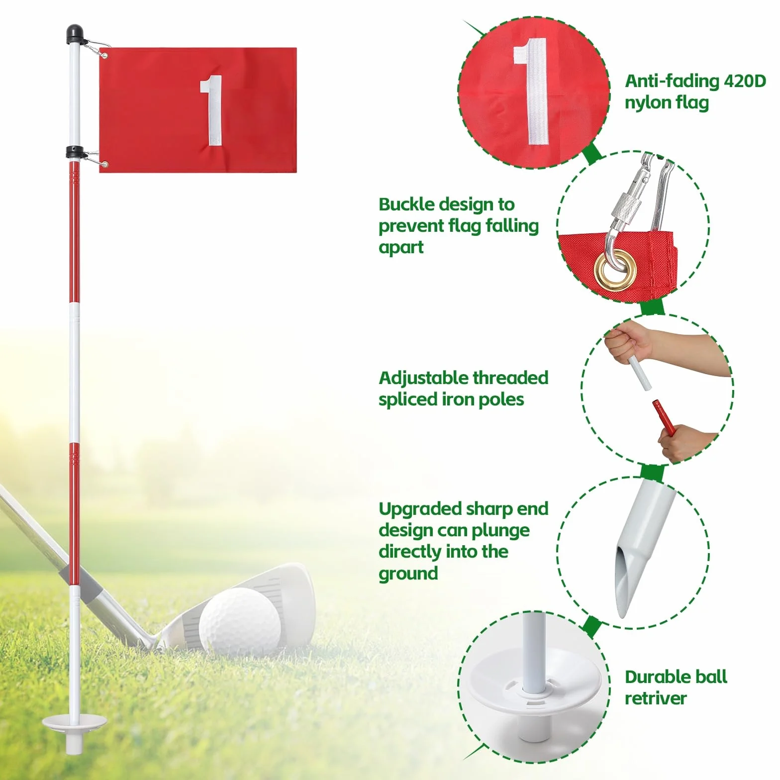 Lot de 3 drapeaux de golf verts de 188 cm, drapeaux de golf pour cour, golf, drapeau pour terrain de conduite, lot de 3