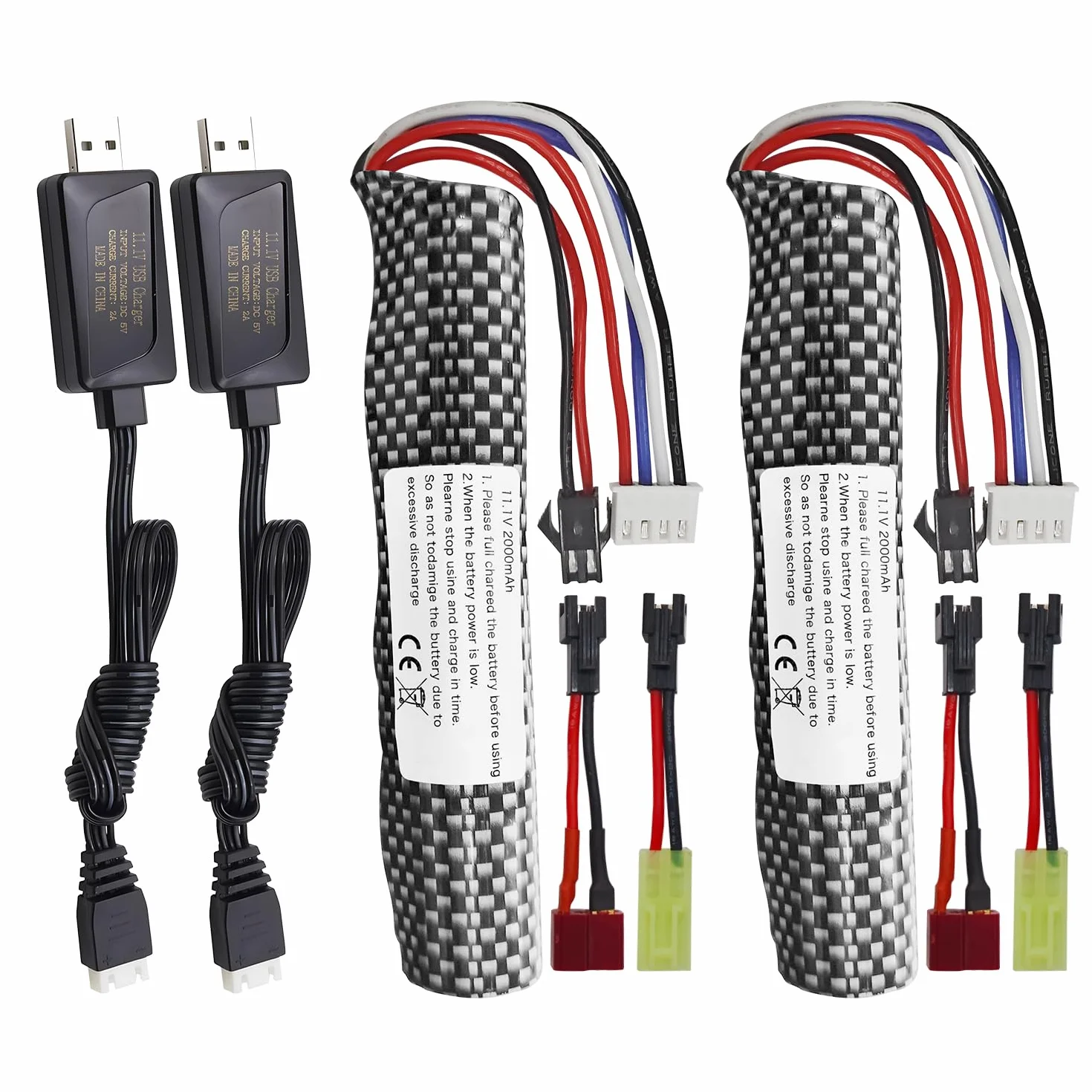 2PCS 3S 11.1V 2000mAh Batterie Connecteur SM-2P avec 2PCS Ligne de Chargement USB pour Gel Airsoft Balle à Eau Gel Airsoft Balle Onde de Choc
