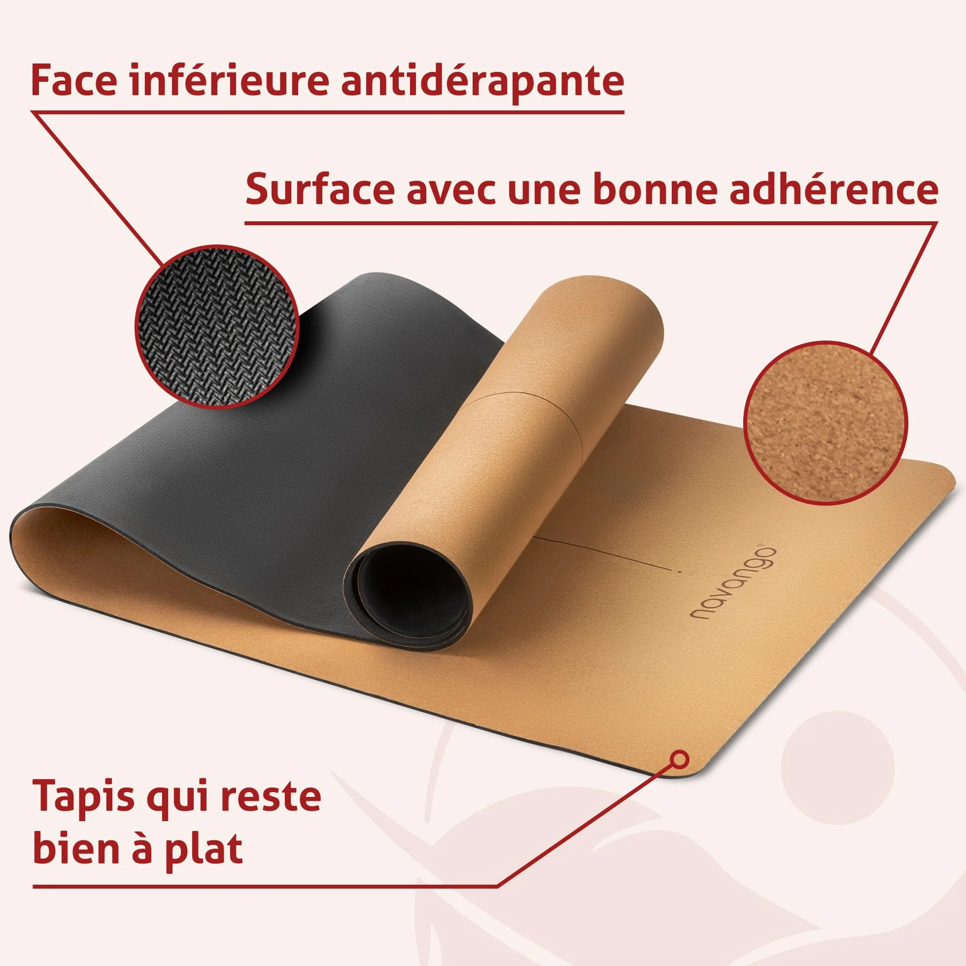 Tapis de Yoga en Liège Naturel Antidérapant 183x61cm 4mm avec Sangle de Transport Lignes d’Alignement