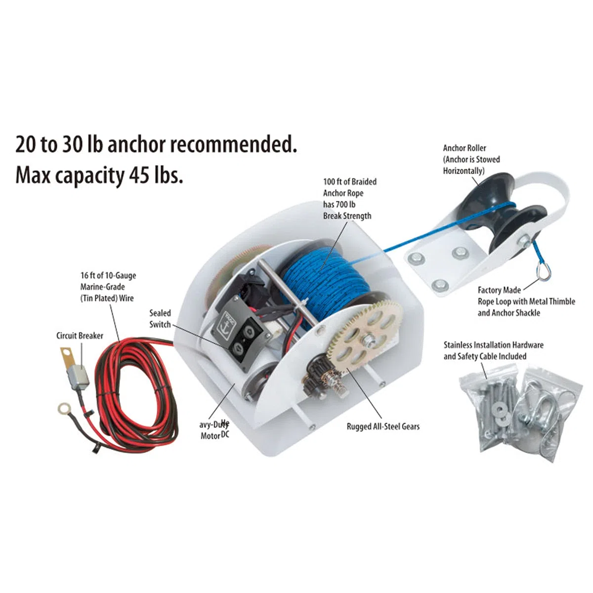 45LBS 12V Guindeau Électrique Ancre Eau Salée Ancre Treuil avec Télécommande Sans Fil Marine Guindeau