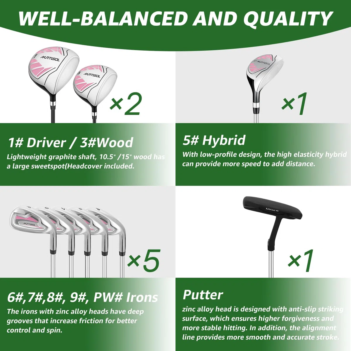 XDriveMax Lot de 10 Clubs de Golf complets pour Femme droitier avec Housse de Pluie, 1#Driver 3#Wood #5 Hybride, avec 3 Couvre-tête, 6# 7# 8# 9# PW# Fers et Putter
