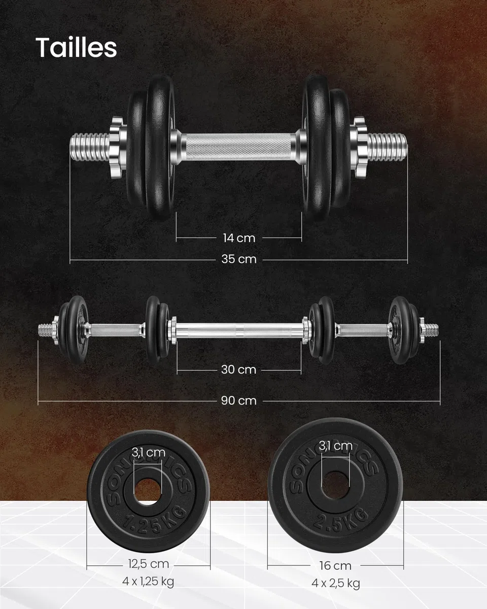 SONGMICS Kit haltères Musculation, avec Barre d’Extension, Poids Ajustable，pour Hommes et Femmes, Musculation, Prise de Masse à la Maison, 1 Paire