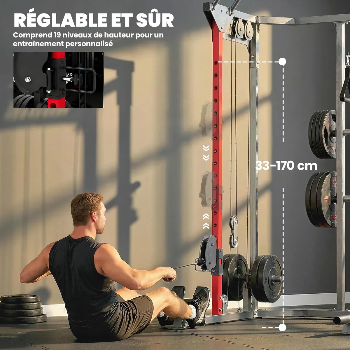 SPORTNOW Station de Musculation Power Rack 900kg - Cage de Squat avec Double Poulie Réglable 19 Niveaux - Home Gym Complet pour Entraînement de Force, avec Tirage Lat et Accessoires, Noir