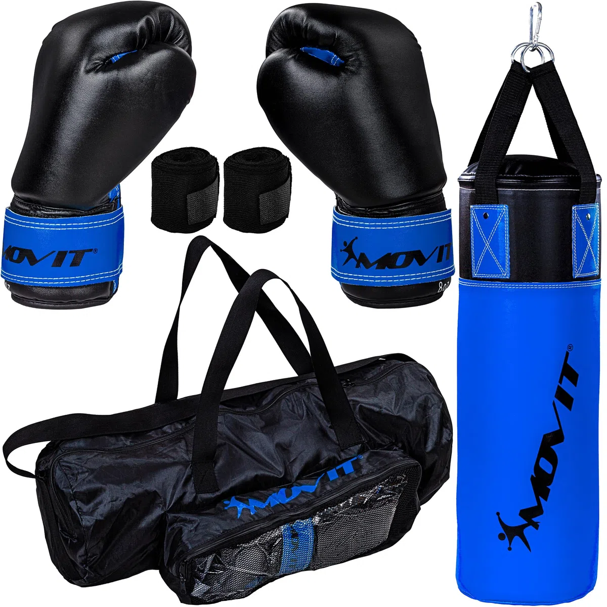 MOVIT Set de Sac de Boxe 5,5kg, rempli, y Compris Sac de Boxe, (Hauteur 60cm x diamètre 20cm), Gants de Boxe 8 oz, Bandages de Boxe et Sac, pour Enfants et Adolescents, Boxing Boxing, Rouge ou Bleu
