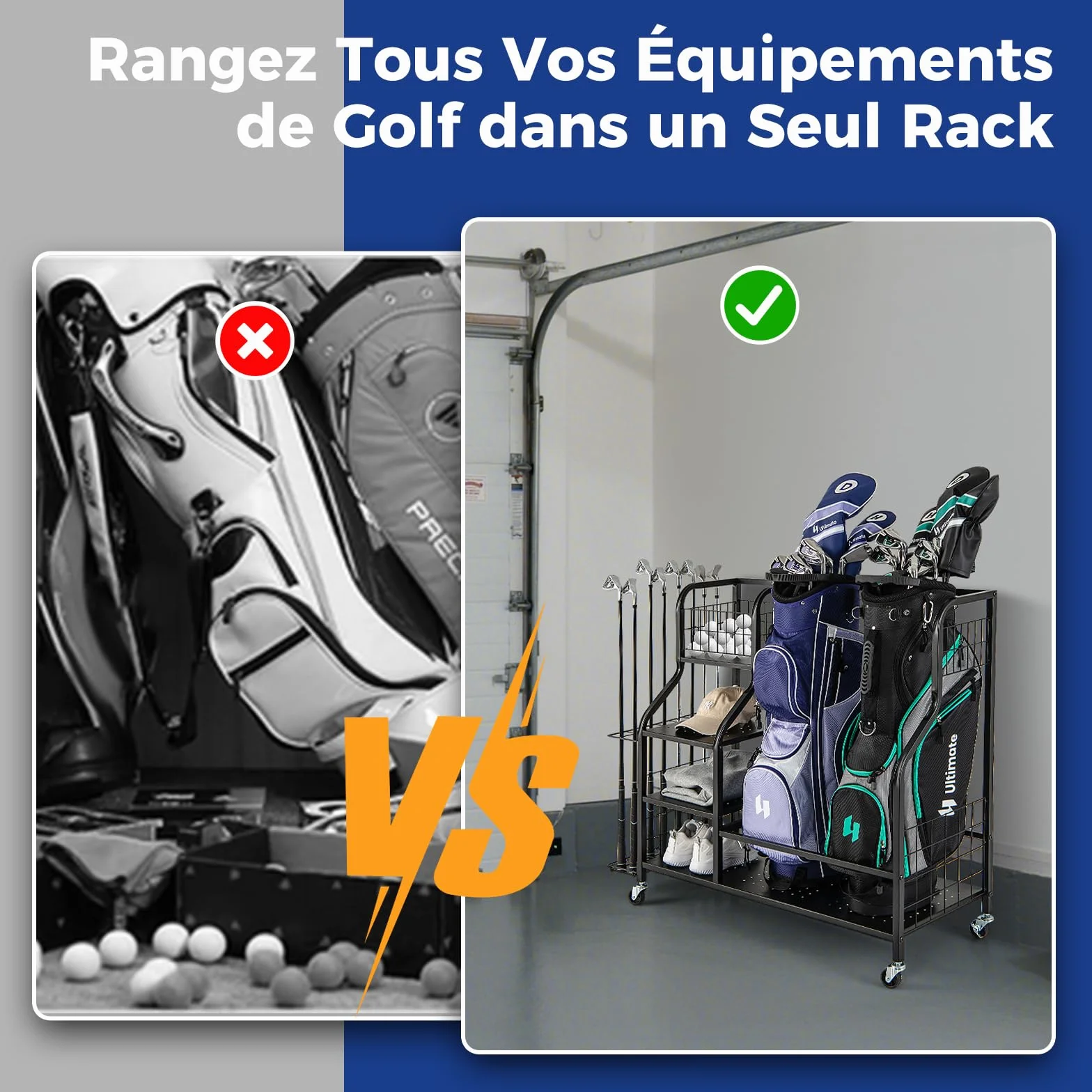 COSTWAY Organisateur d'Équipement Sportif avec Roues Amovibles, Support de Rangement pour 2 Sacs de Golf avec Support pour Clubs de Golf 6 Crochets, pour Garage Club sous-Sol