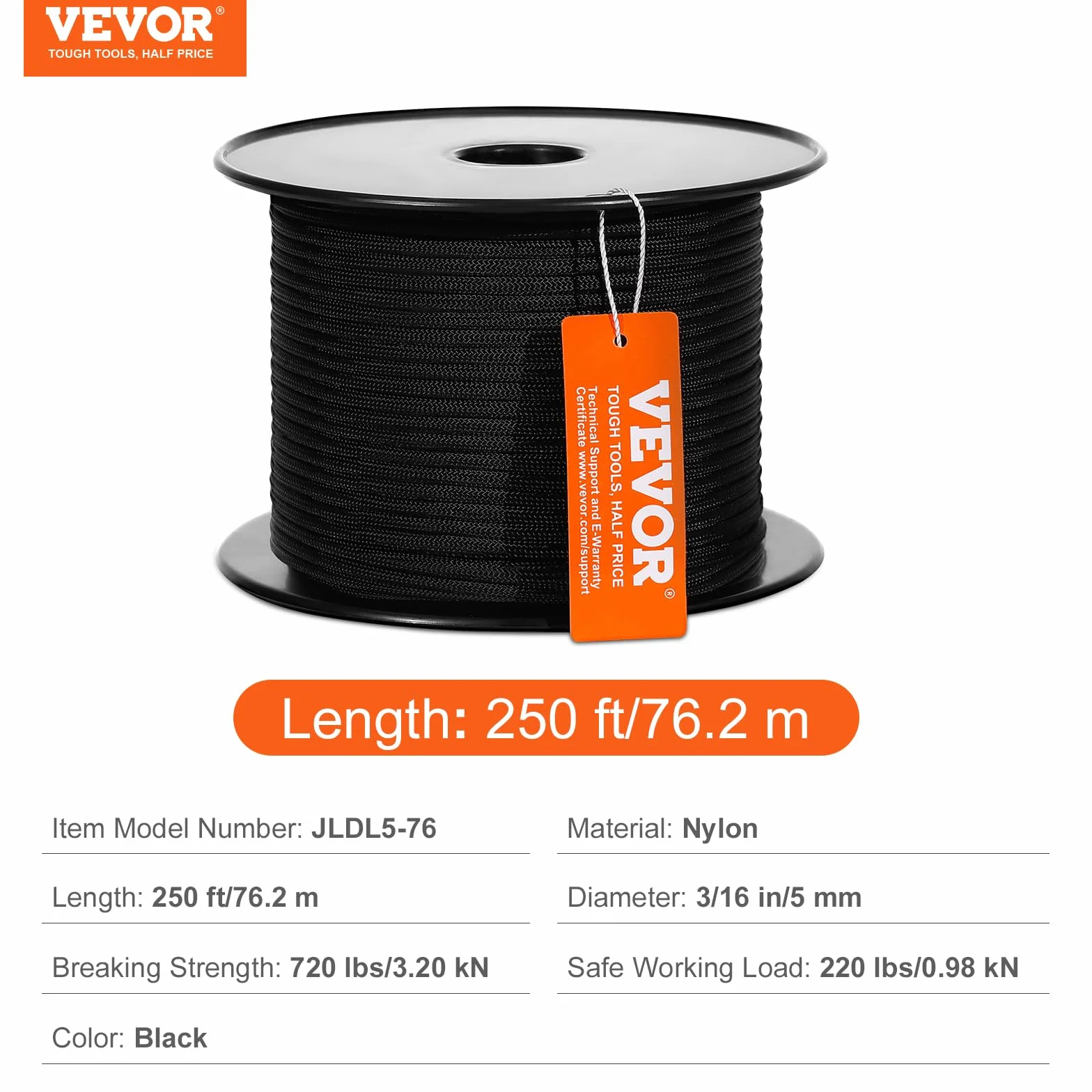 VEVOR Corde en Nylon tressé 5 mm x 76,2 m résistance 3,20 KN randonnée Camping balançoire