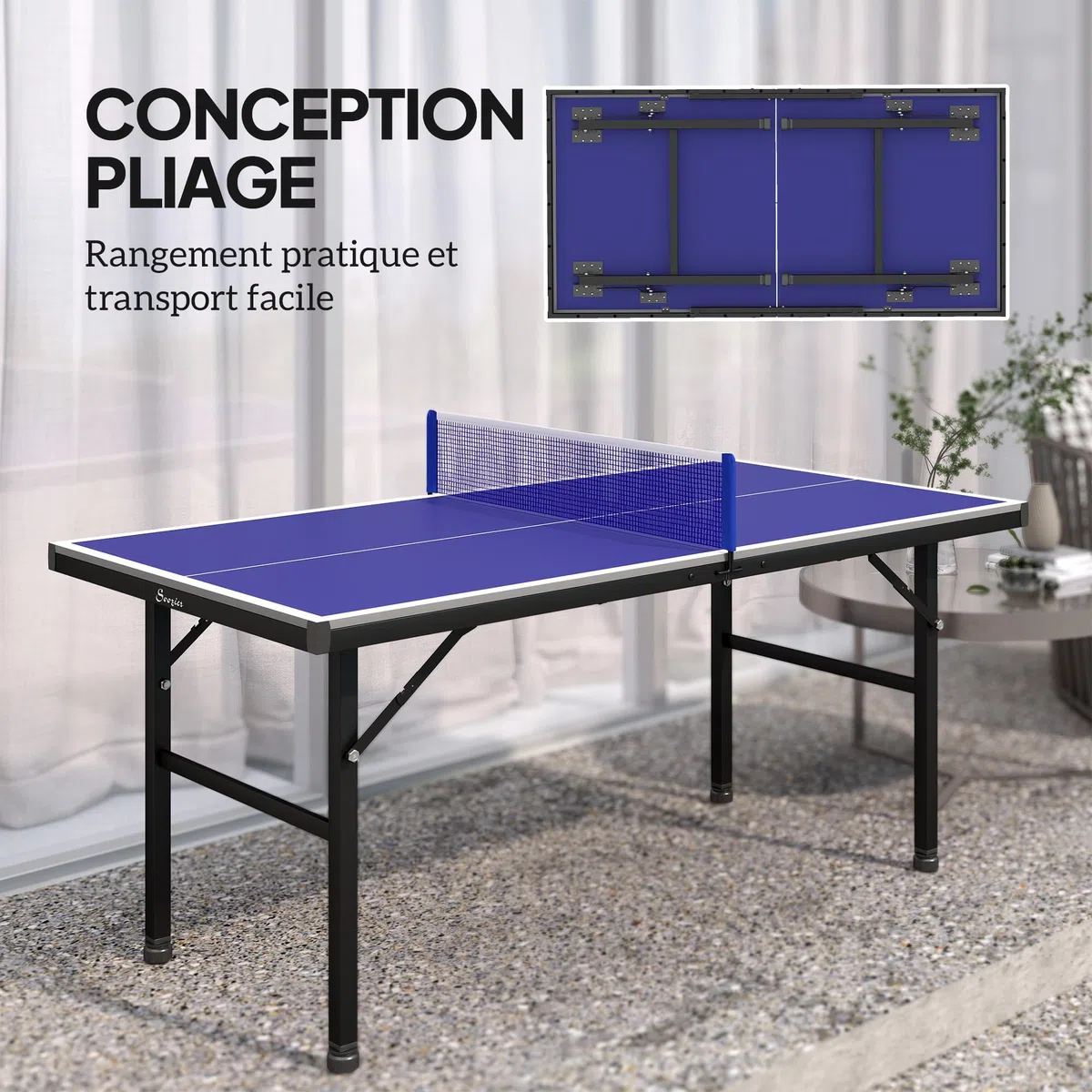 SPORTNOW Mini Table de ping Pong 153x76cm avec Plateau traité UV, Table Pliante pour intérieur et extérieur, Table de Tennis de Table avec Pieds réglables, Filet et 5 Pieds, Bleu