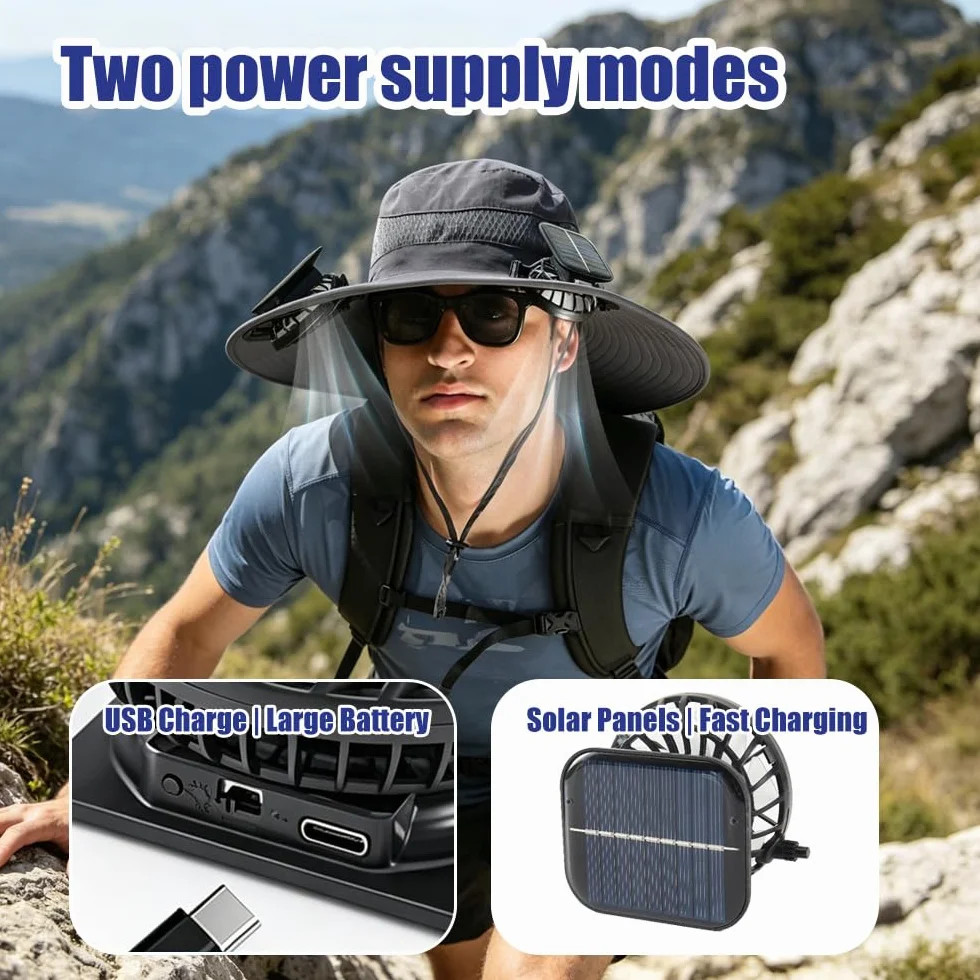 Chapeau de Soleil, Chapeau de Pêche avec 2 Ventilateur Solaire, Chapeau de Fan Solaire à Bord Large, Générique Chapeau de Fan Solaire pour Activités de Plein Air comme la Randonnée Jardinage