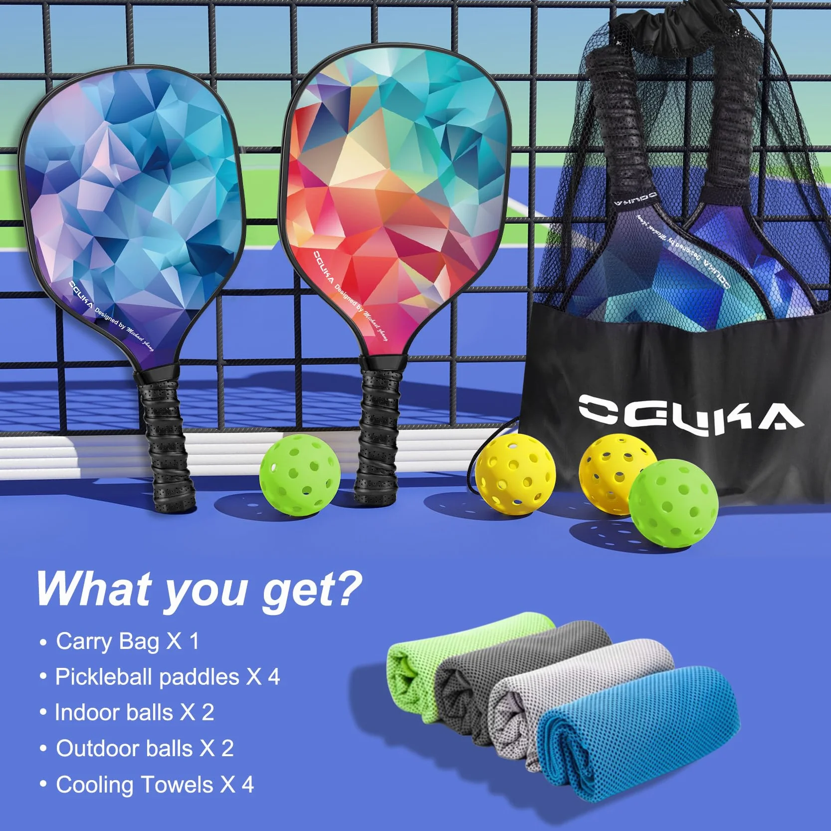 Pagaies de Pickleball, Ensemble de 4 pagaies légères approuvées par USAPA, 4 balles de Pickleball, 4 Serviettes de Refroidissement et Sac, Raquettes de Pickleball Premium, Cadeaux pour