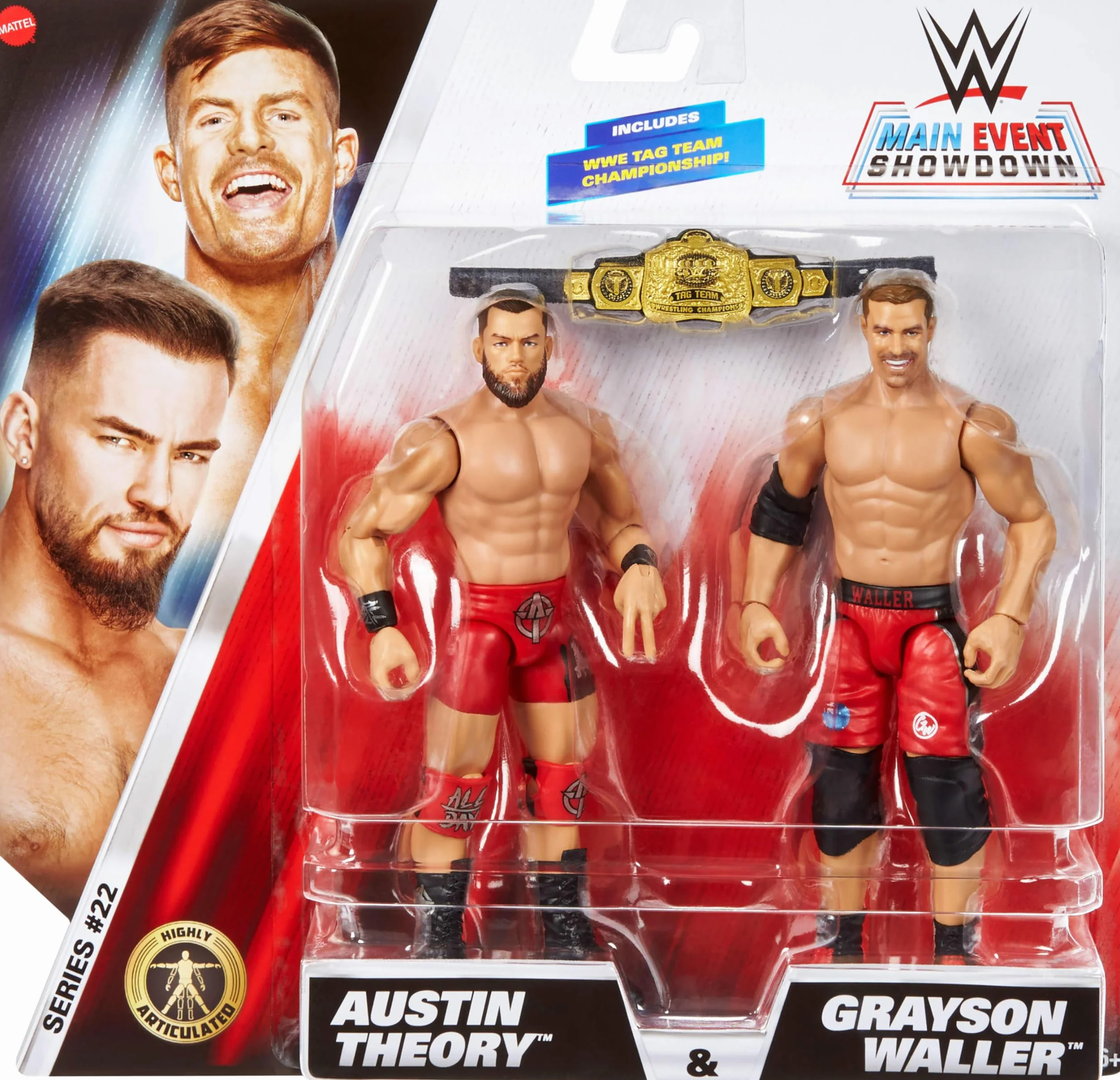 Mattel WWE Main Event Showdown Lot de 2 figurines avec accessoire, série #22 Austin Theory et Grayson Waller à collectionner, 15,2 cm