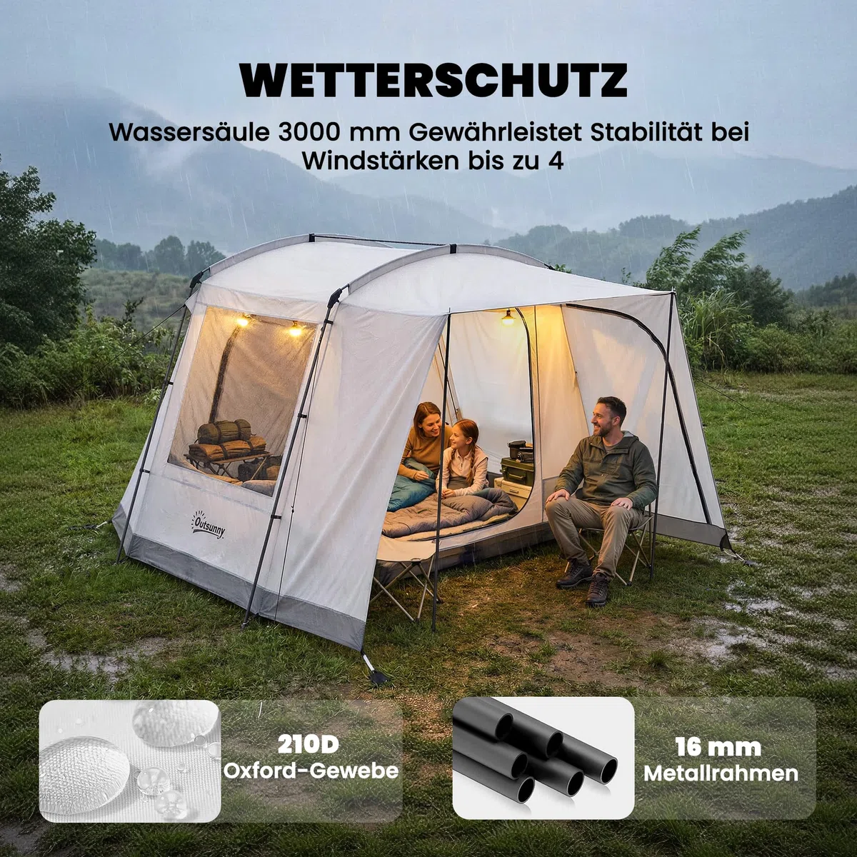 Outsunny Tente arrière pour 2 à 4 personnes - 320 x 280 x 205 cm - Tente de voiture 2 en 1 - Tente tunnel étanche avec 4 portes - Fenêtres - Auvent - Bâche de sol - Sac - Tente de voiture - Tente