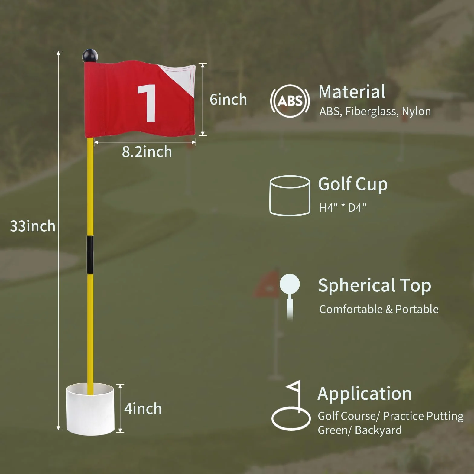 KOFULL Lot de 4 drapeaux de golf avec drapeaux rouges numérotés de 1 à 4, bâton en fibre de verre, ensemble de tasses pour entraînement portable, avec trous verts
