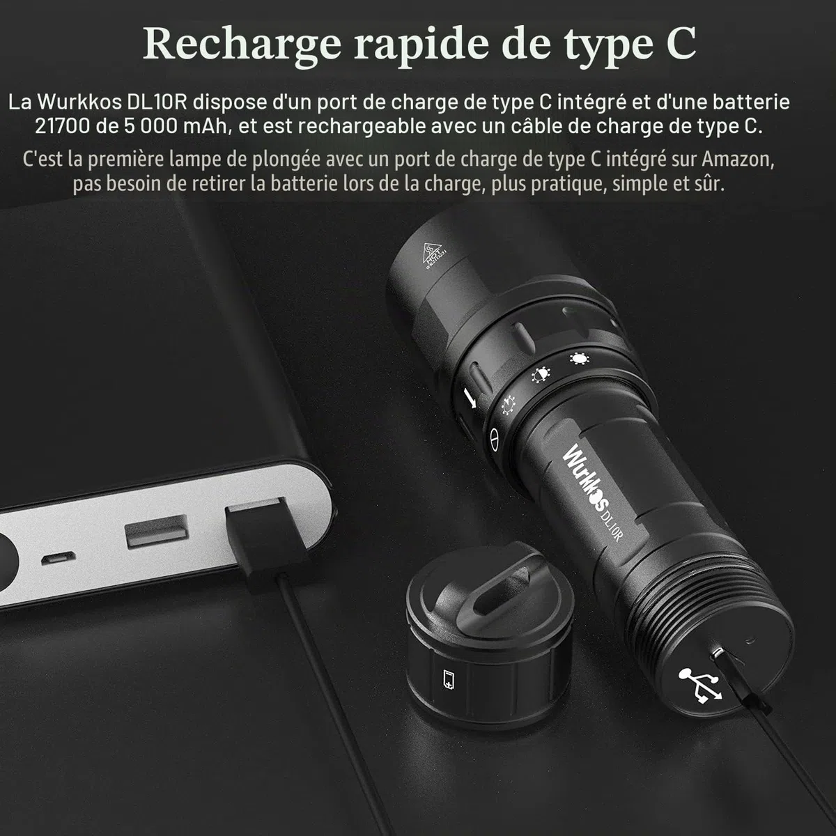 Wurkkos DL10R Lampe de plongée, 4500 Lumen Lampe de Poche,est livré avec Un Port USB-C caché pour Le Chargement Interne, XHP70.2 LED Lampe Plongee sous-Marine, avec 5000 mAh