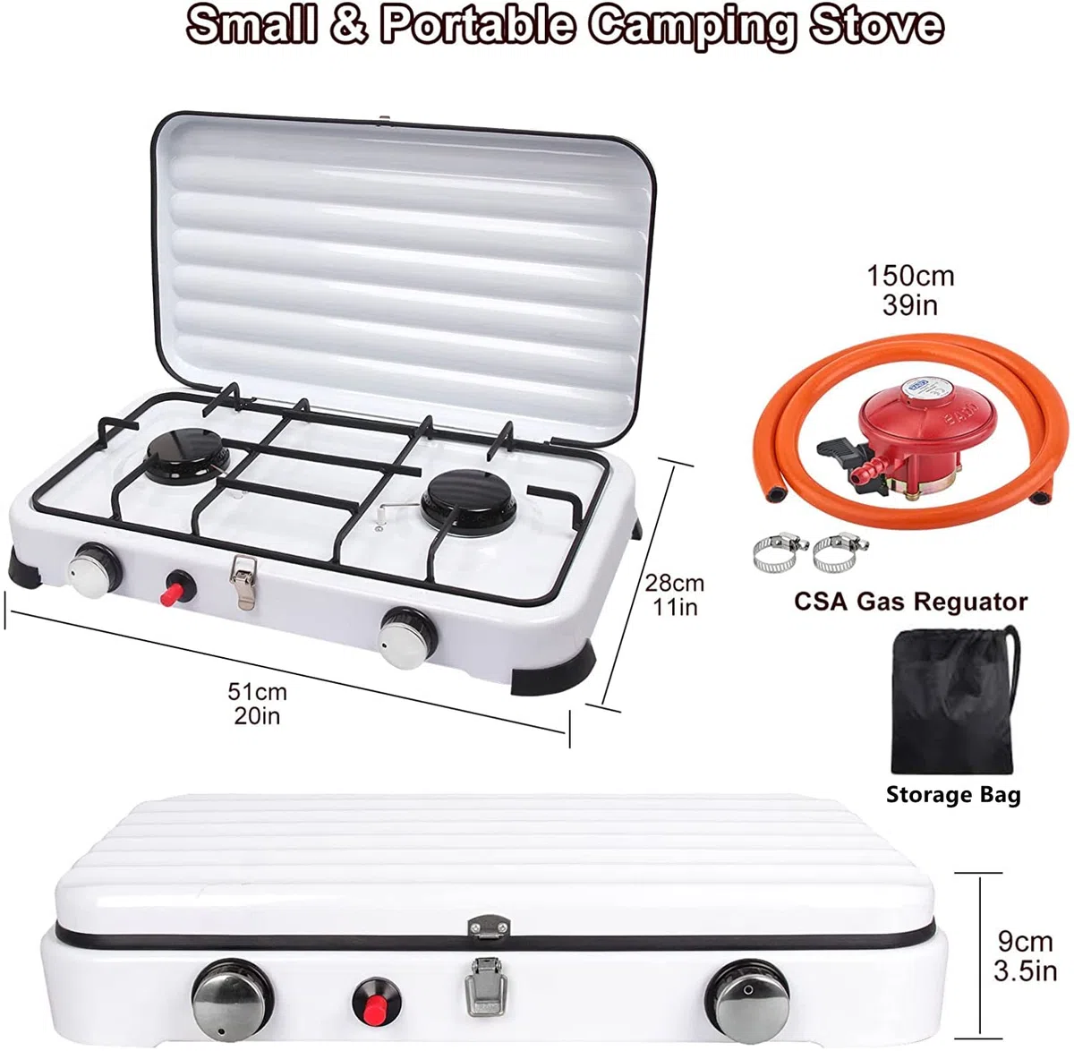 Rechaud Gaz 2 Feux Portable, 4.4KW Réchaud Gaz-GPL Camping Auto-Ignition pour Extérieur avec Tuyaux 150 cm et Régulateur de 37 mbar, Réchaud Gaz Couvercle Détachable
